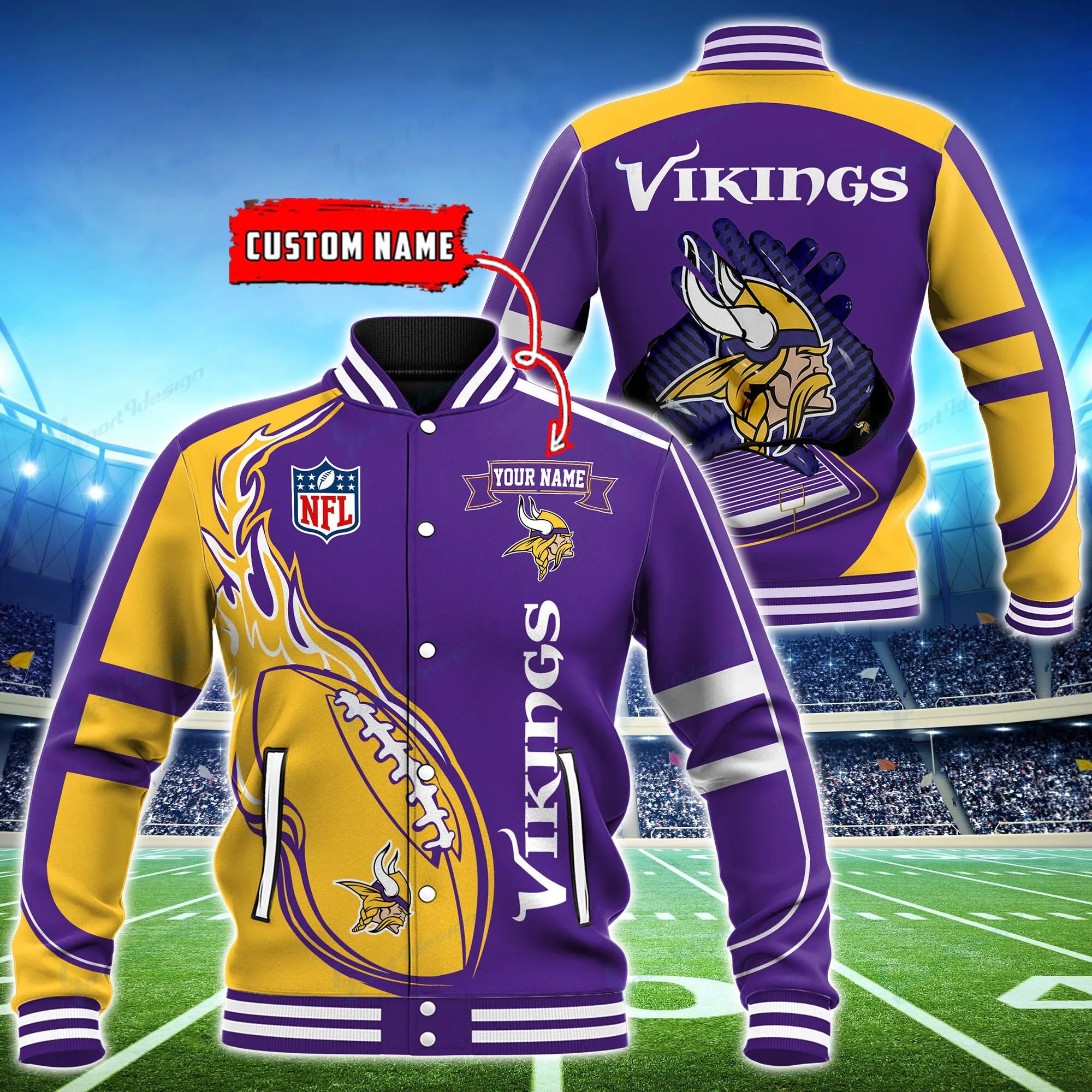 Minnesota Vikings Personalized Baseball Jacket - Image 2