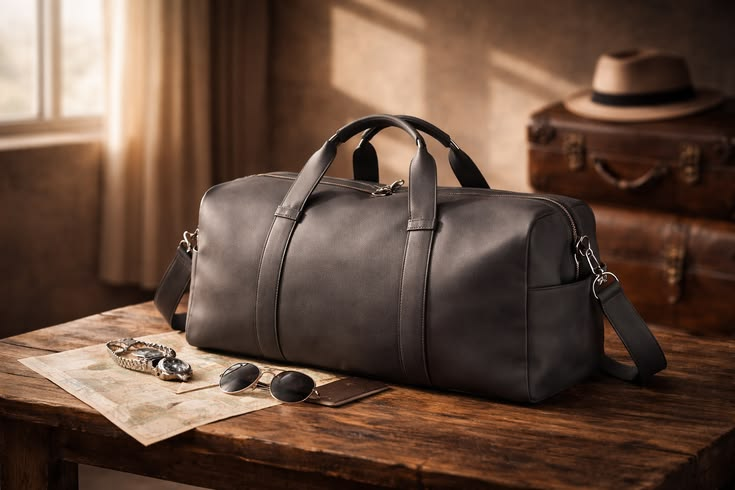 Water-resistant leather duffle bag for travel, a perfect first anniversary gift for him