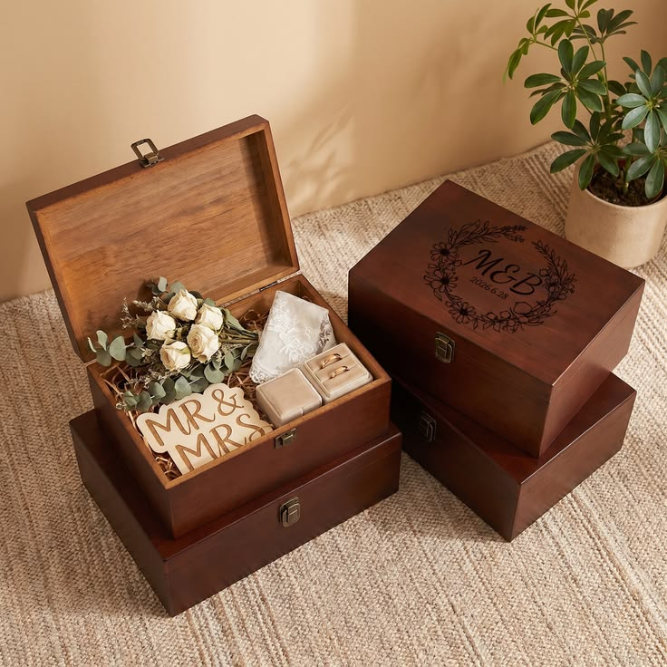 Custom-engraved wooden gift box filled with accessories, a thoughtful 1st anniversary gift for husband