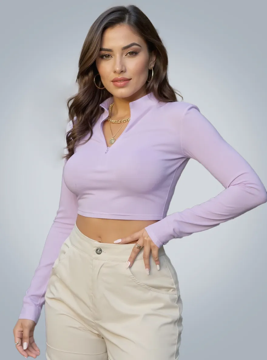Half Zip Long Sleeve Crop T-Shirt