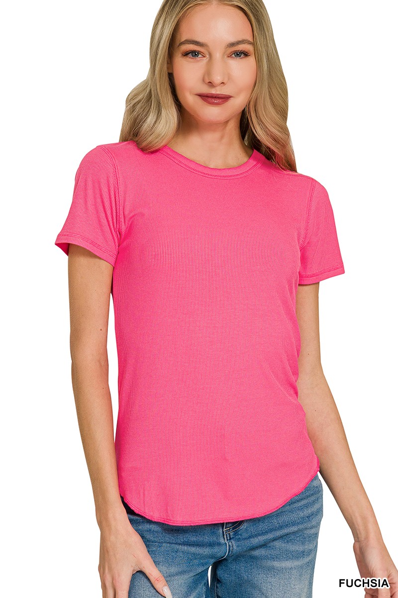 Zenana Ribbed Curved Hem Round-Neck Tee