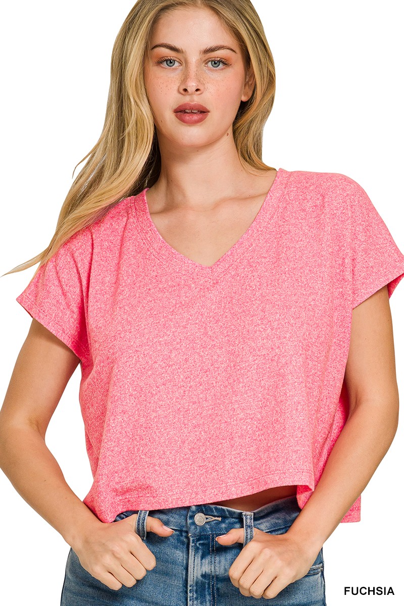 Zenana Soft Melange V-neck Drop Shoulder Cropped Top