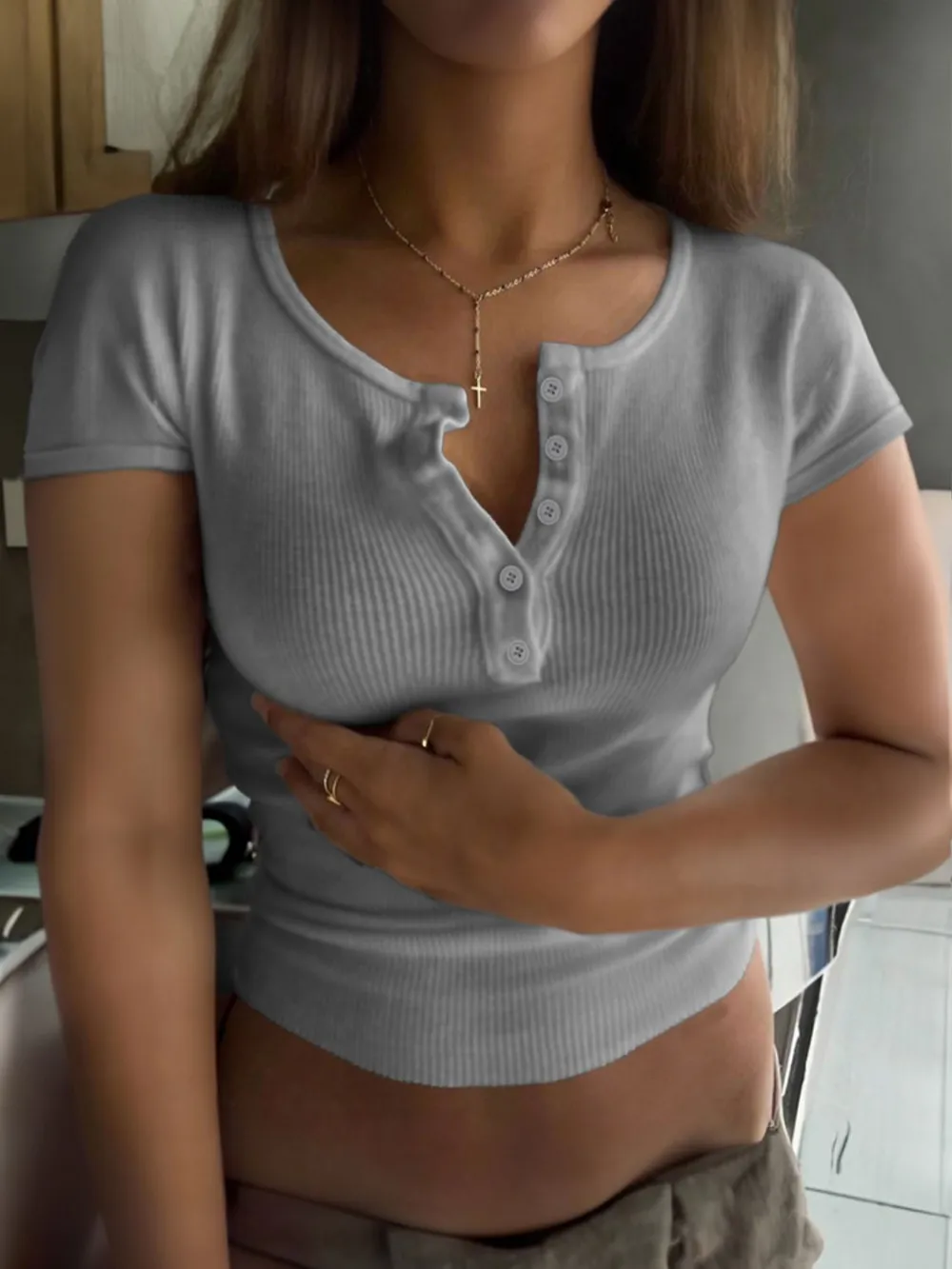 Ribbed Button Detail Round Neck Short Sleeve T-Shirt