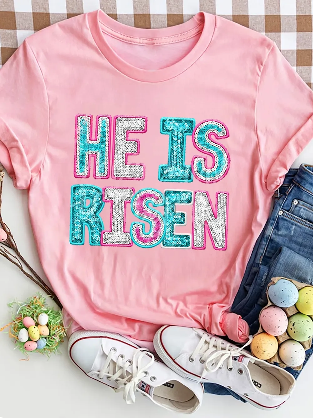 He Is Risen Sequin Round Neck T-Shirt