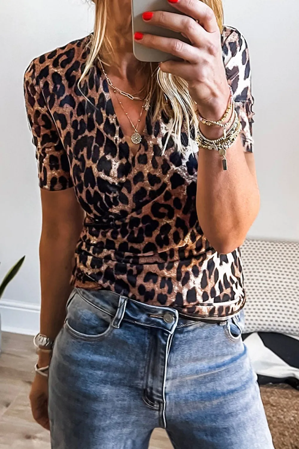 Leopard Wrapped V Neck Slim Short Sleeve Top