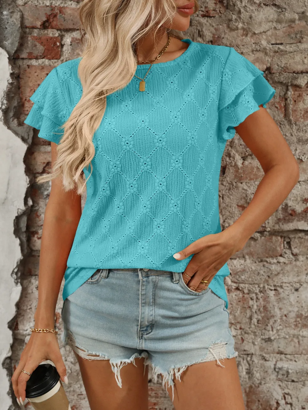 Eyelet Round Neck Double Layered Ruffled Short Sleeve Top