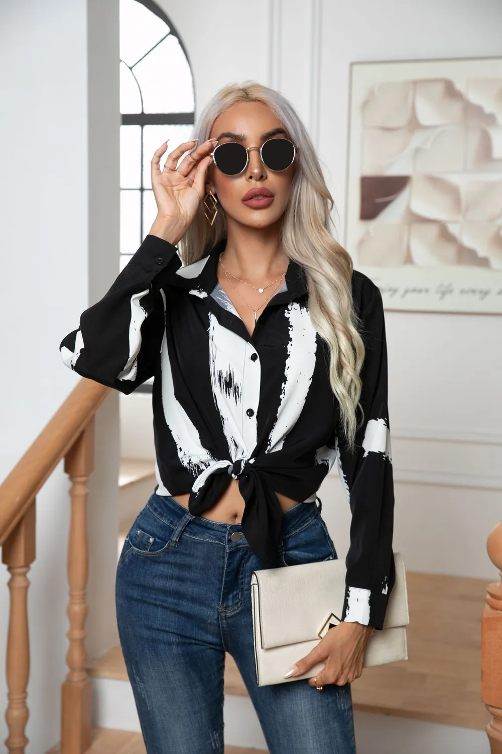 Button Down Printed Long Sleeve Shirt