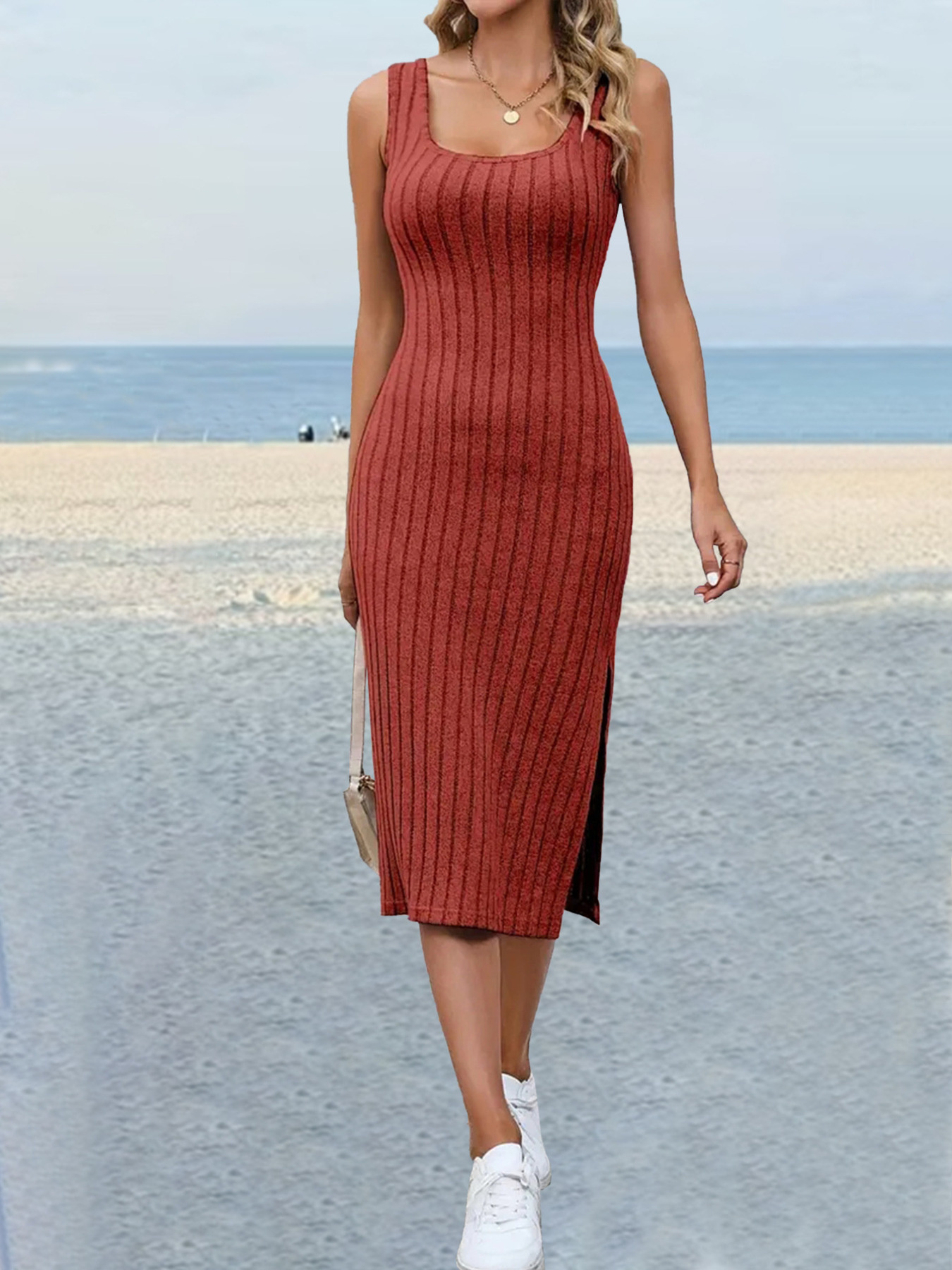 Ribbed Slit Wide Strap Bodycon Midi Dress