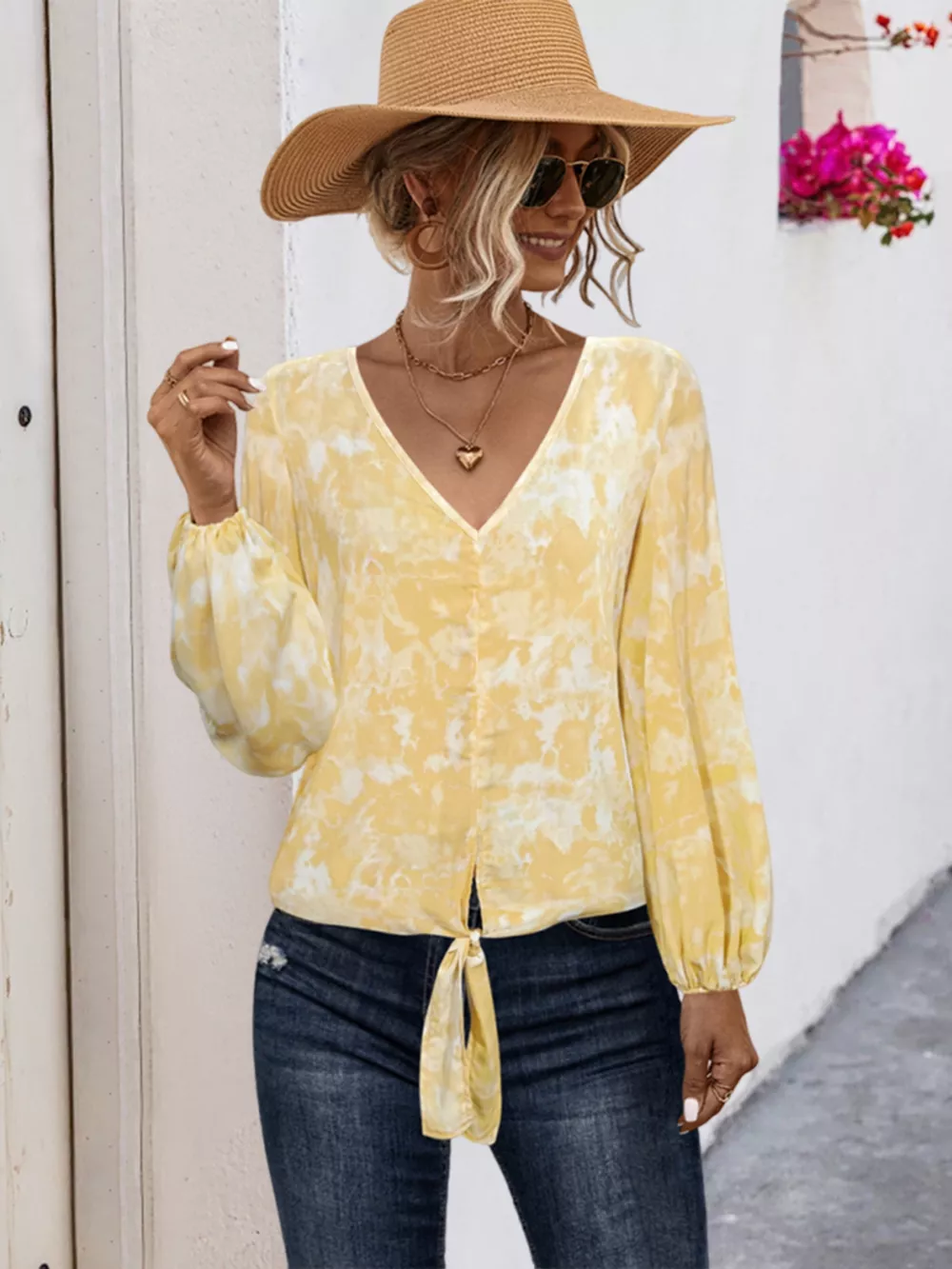 V-Neck Long Sleeve Tie-Front Blouse