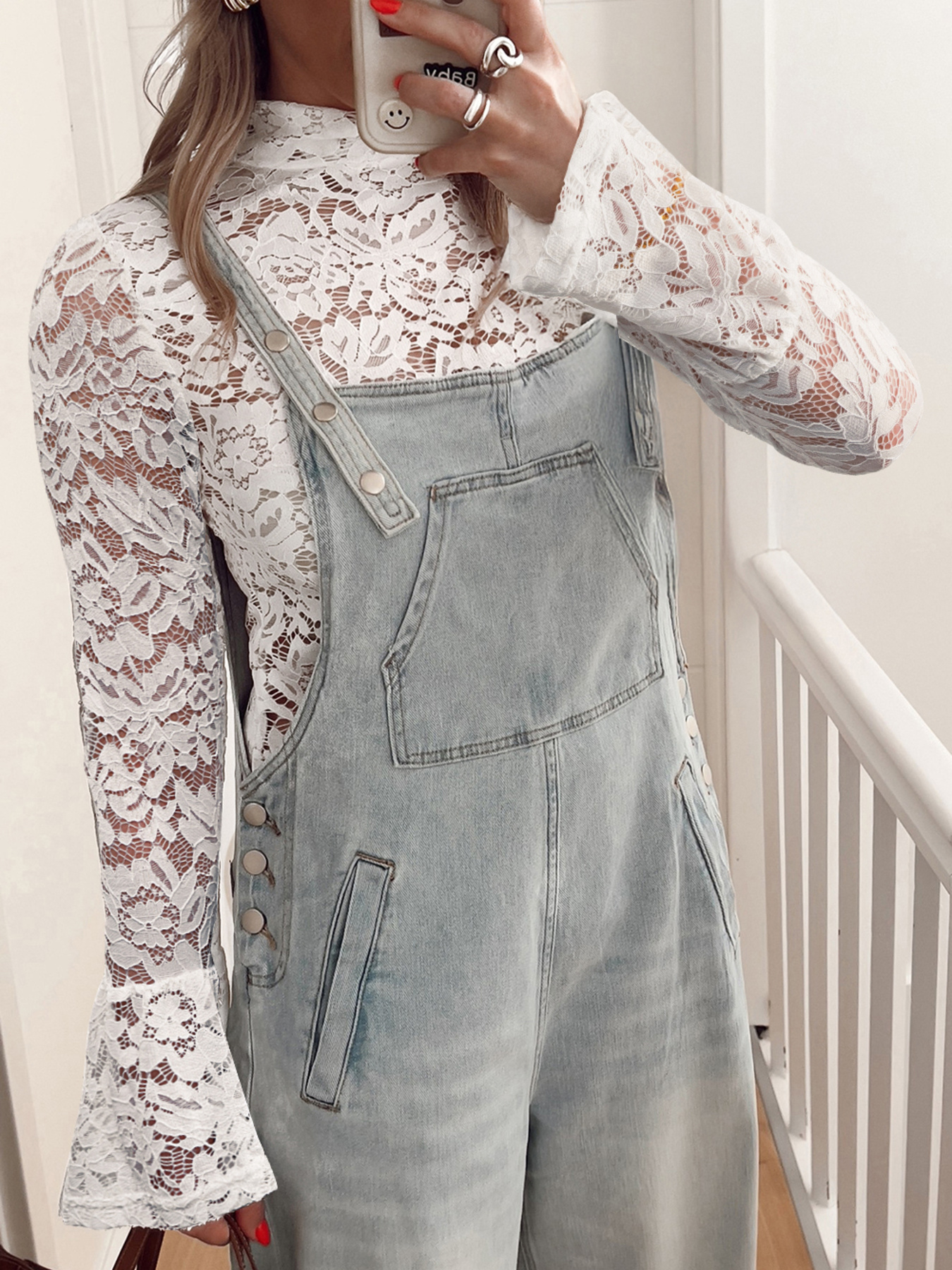 Lace Crochet Bell Sleeve Mock Neck Blouse