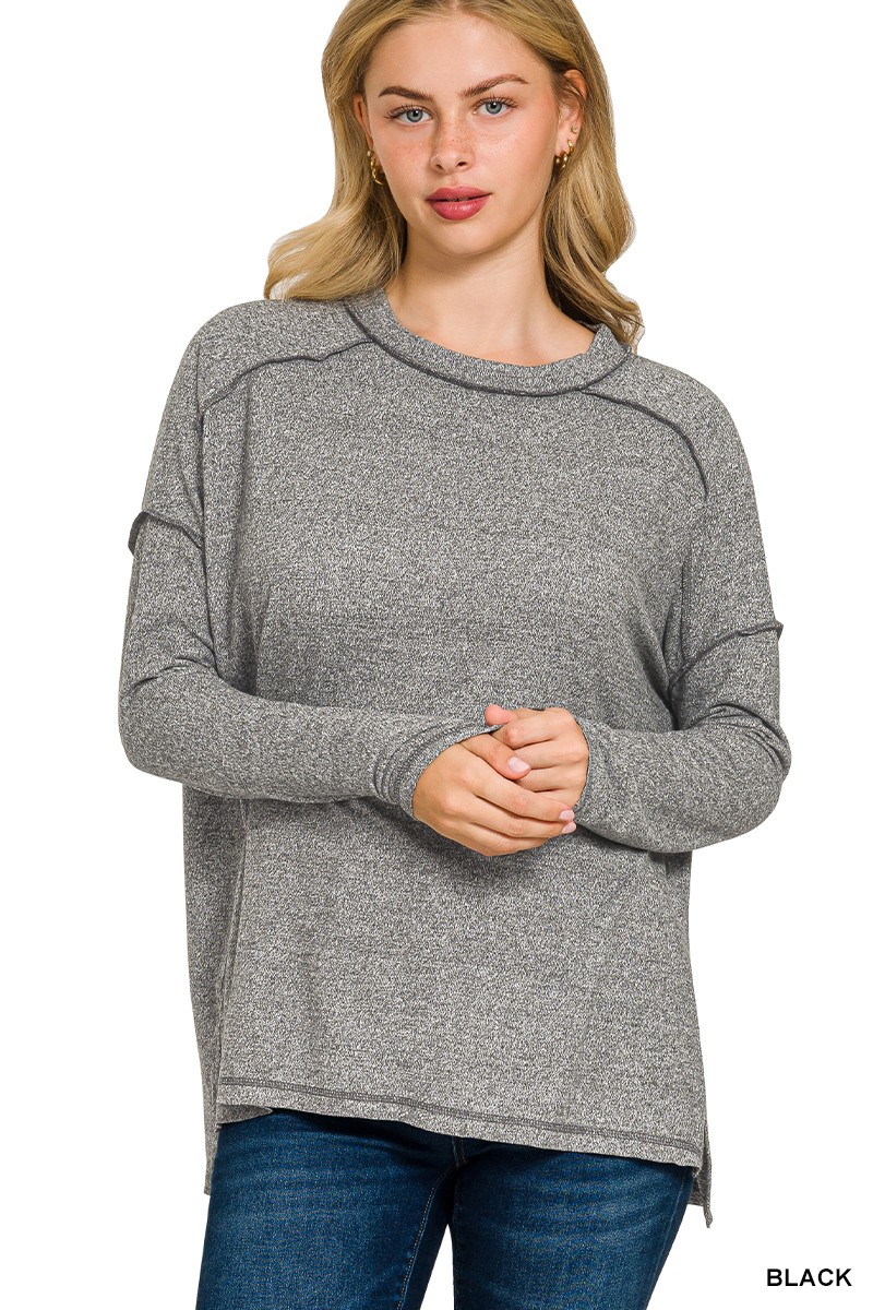 Zenana Full Size Melange Hacci Exposed Seam Hi-low Tee Plus Size