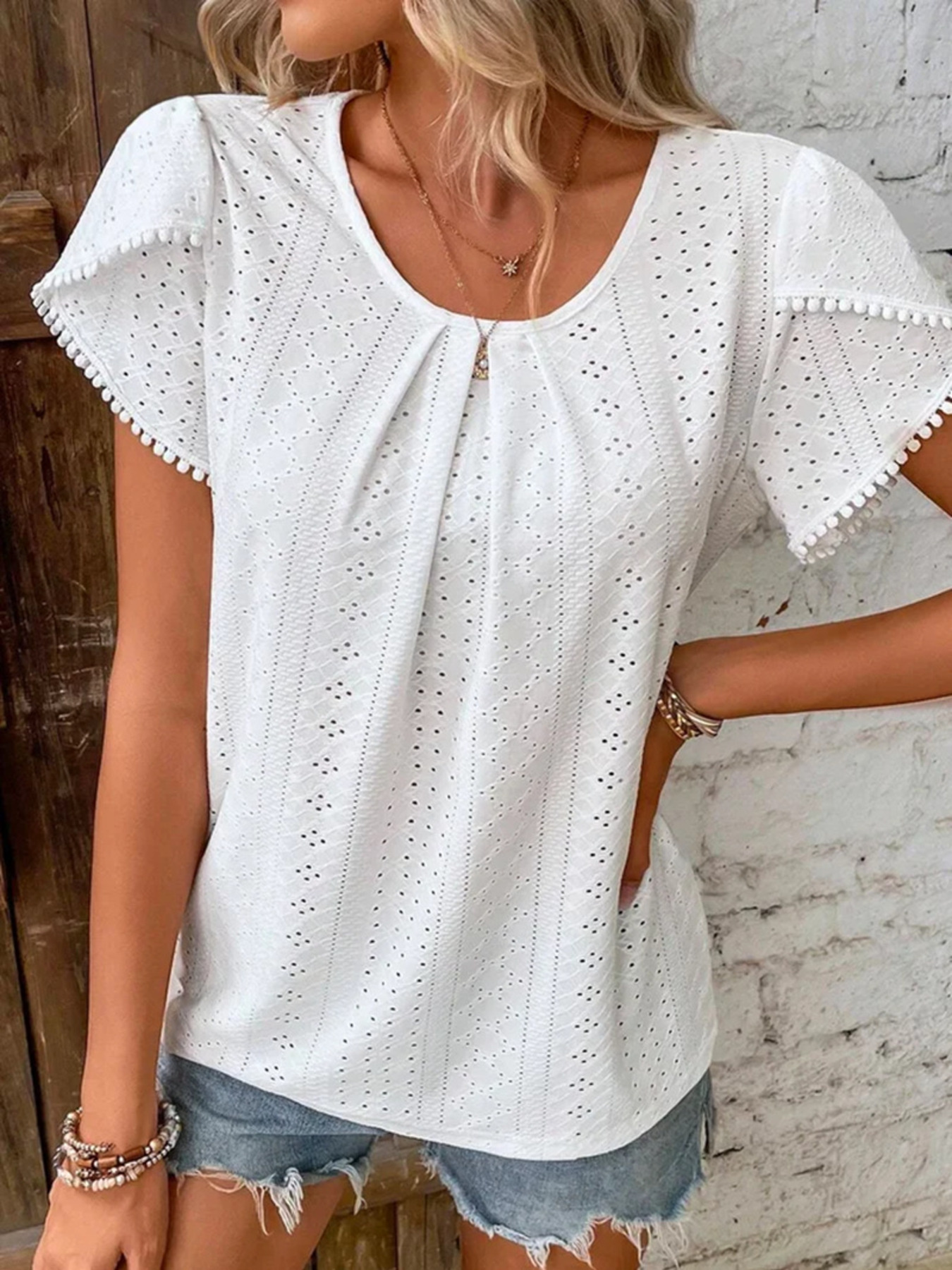Eyelet Petal Sleeve Top With Pom Pom Trim
