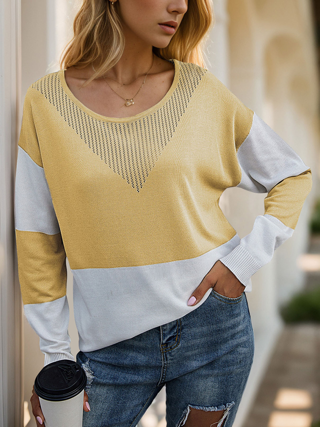 Color Block V-Neck Knit Top