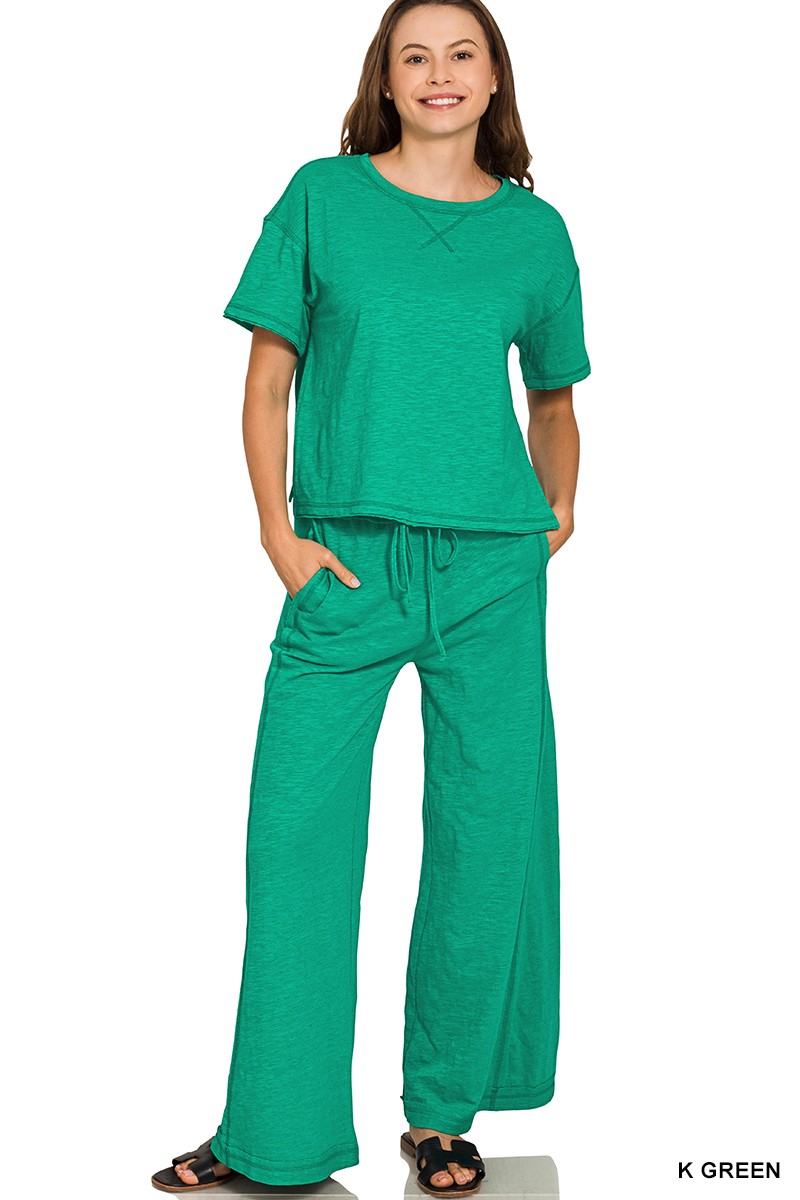 Zenana Cotton Slub Short Sleeve Tee and Pants Set