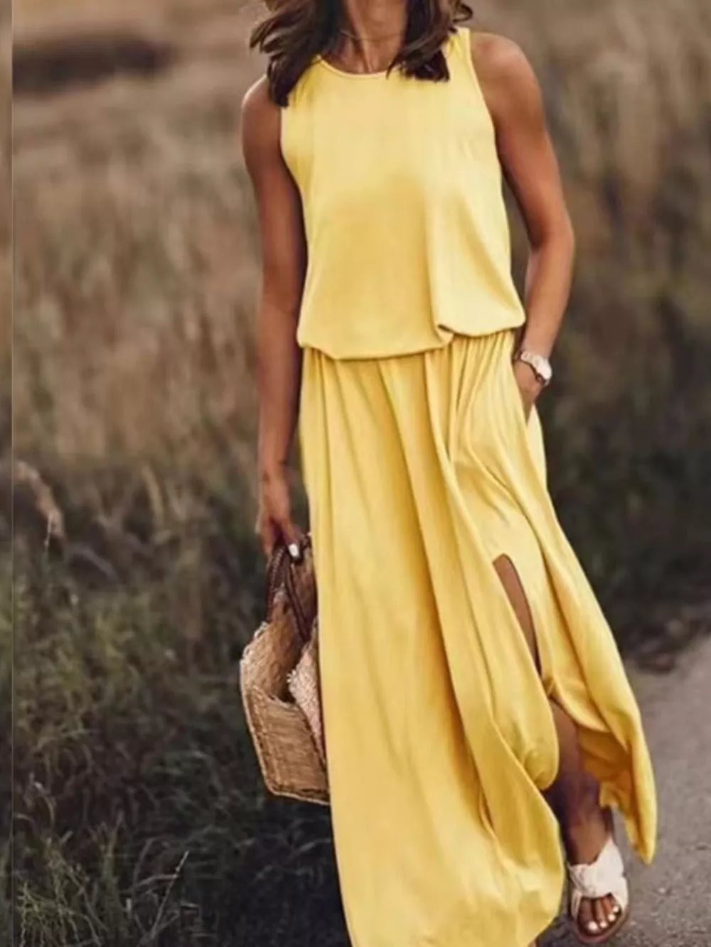 Full Size Round Neck Sleeveless Slit Maxi Dress Plus Size