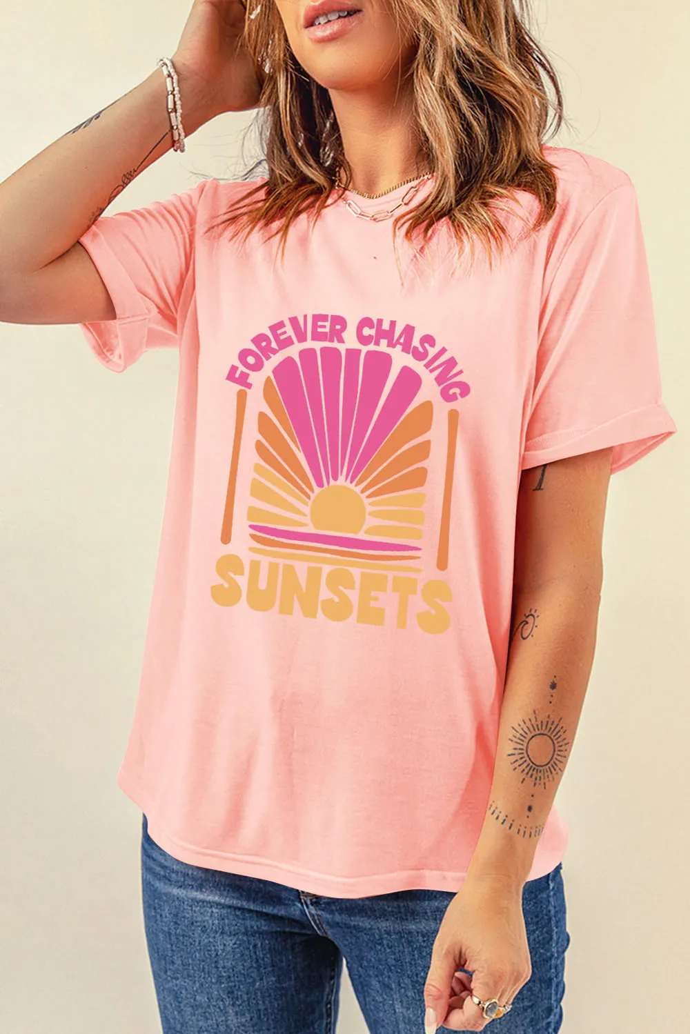 Forever Chasing Sunsets Round Neck T-Shirt