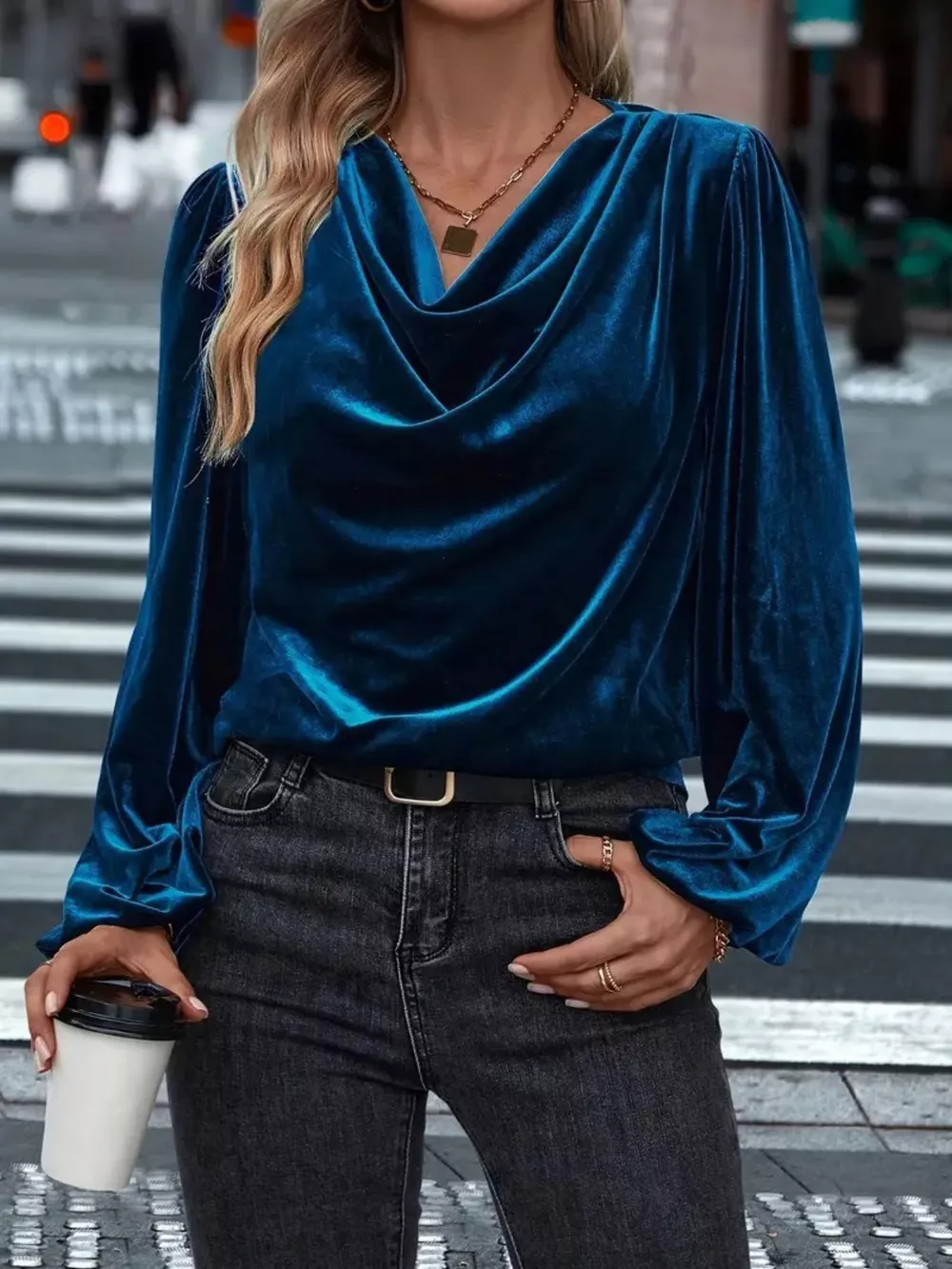 Full Size Velvet Cowl Neck Blouse Plus Size
