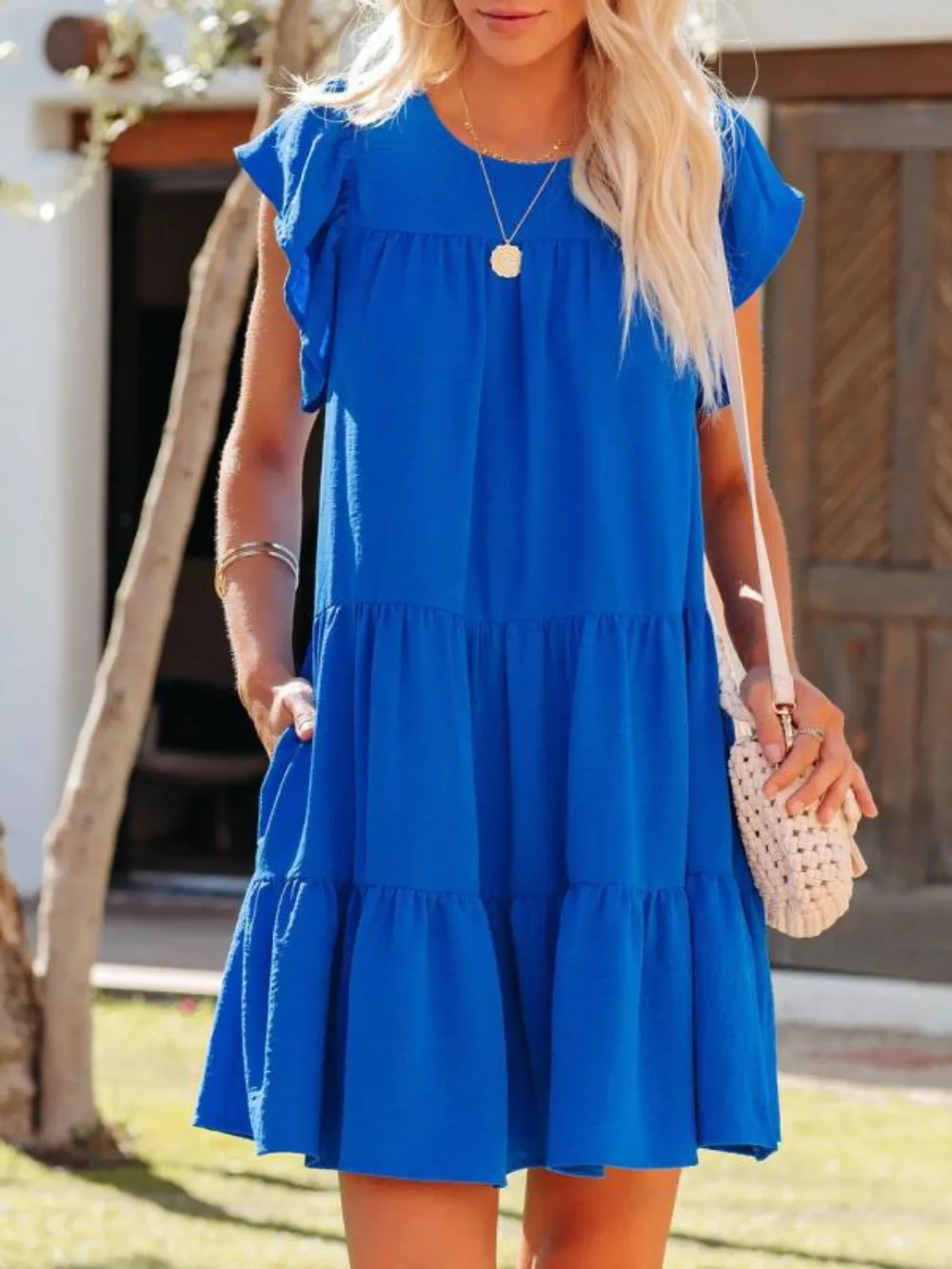 Ruffled Round Neck Cap Sleeve Mini Dress