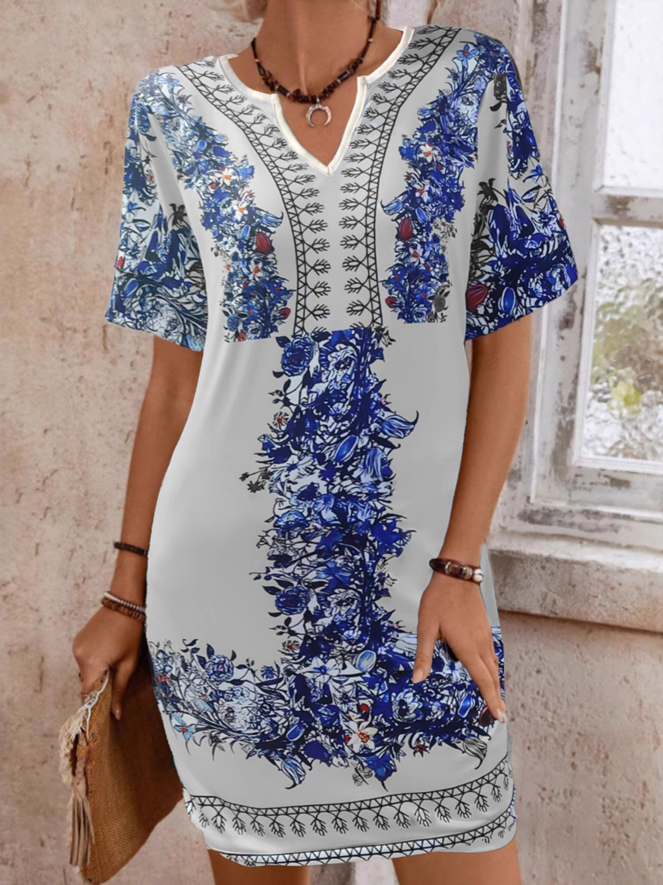 Floral Notched Short Sleeve Dress