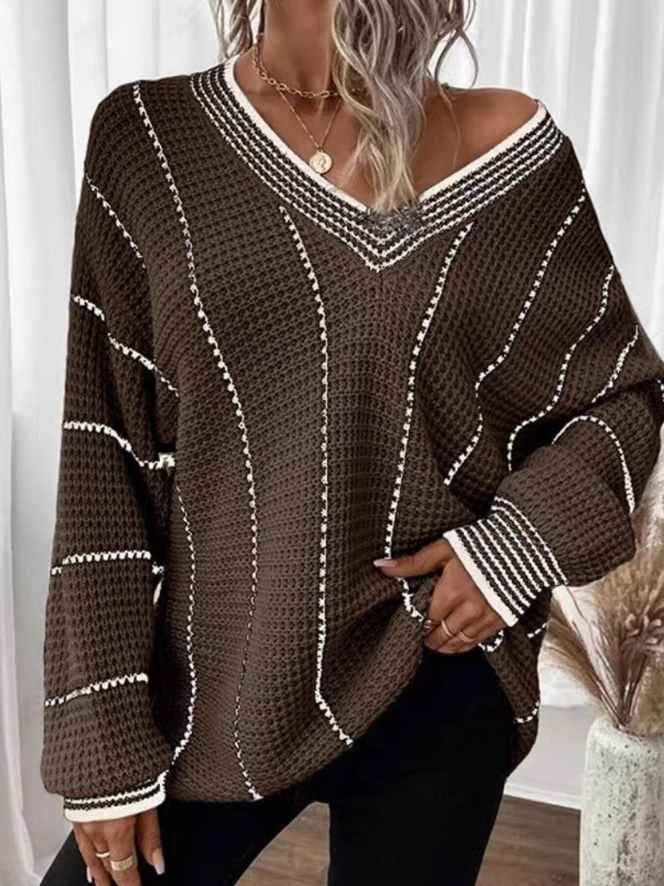 V-Neck Textured Knit Sweater