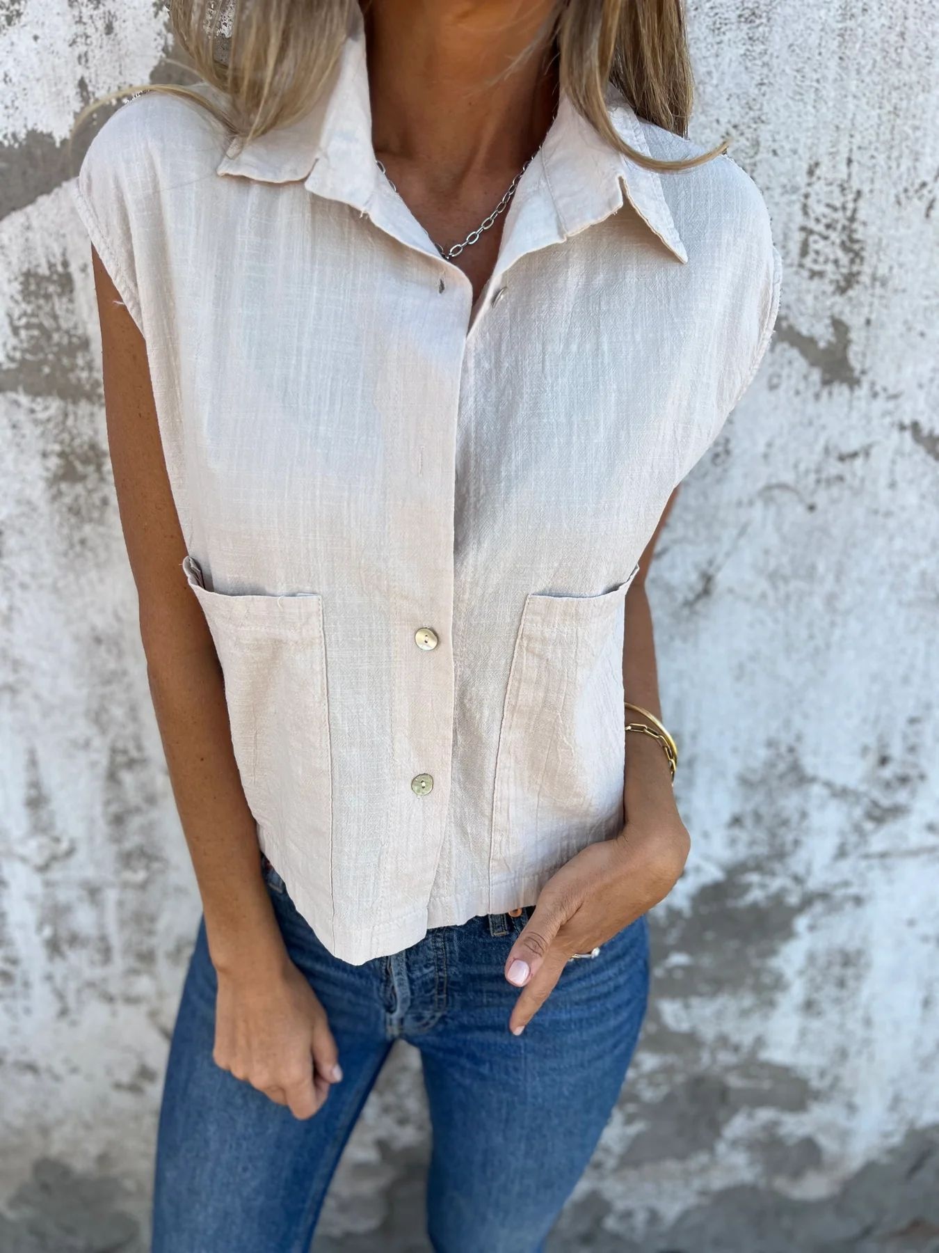 Full Size Textured Button-Front Sleeveless Shirt Plus Size