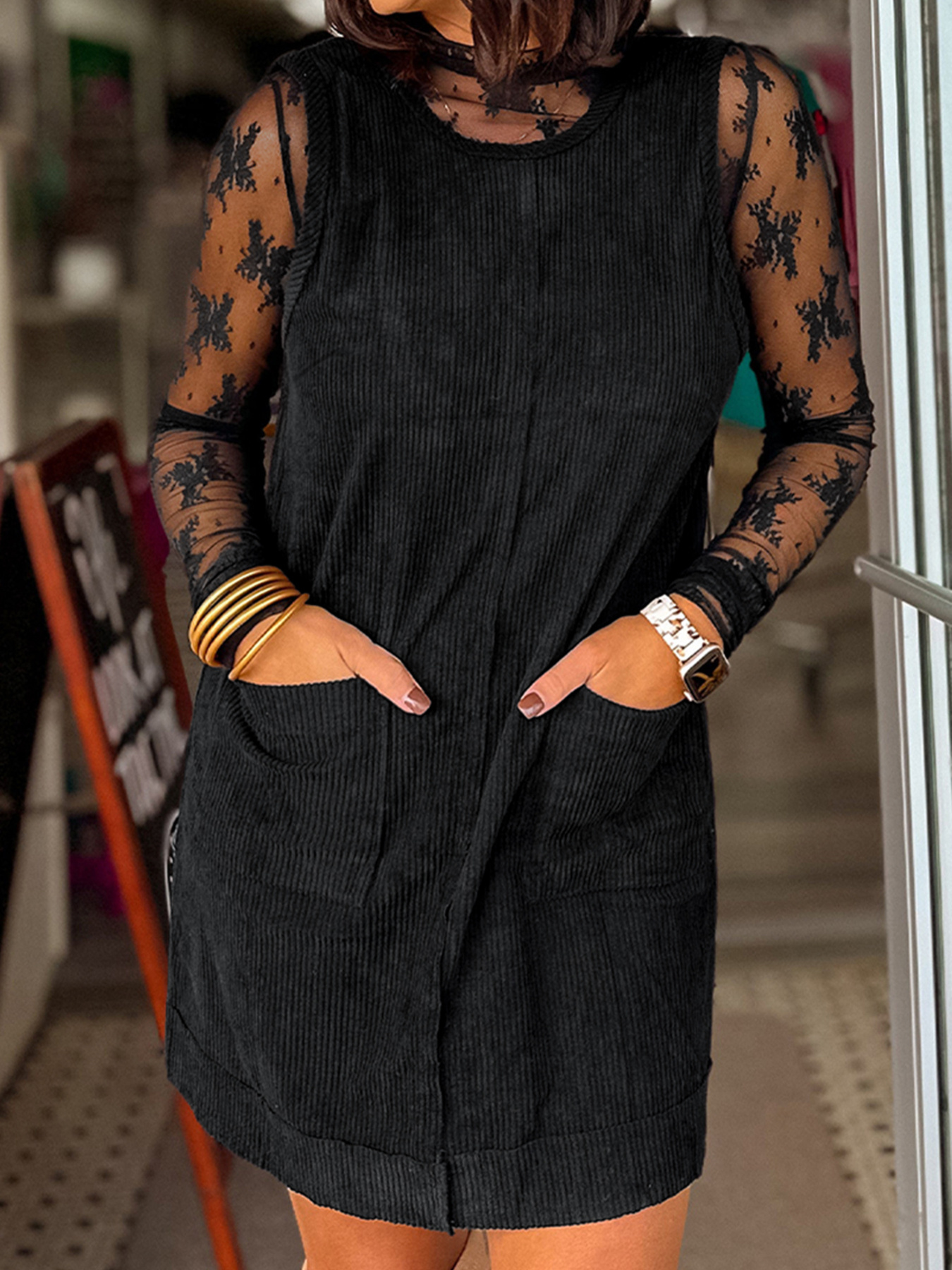 Corduroy Sleeveless Mini Dress with Patched Pockets