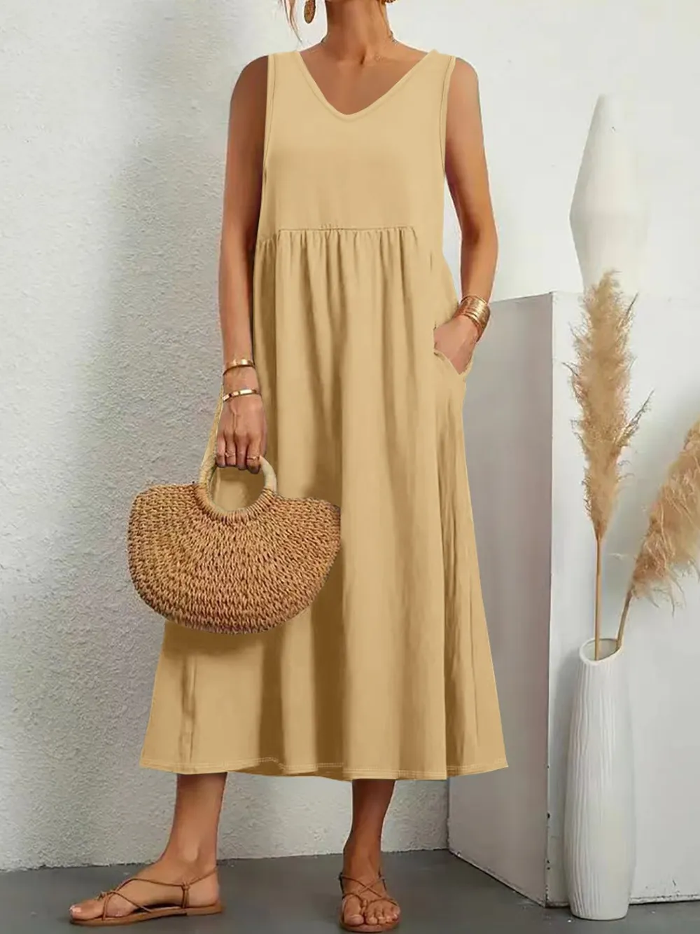 Full Size V-Neck Sleeveless Dress with Pockets Plus Size
