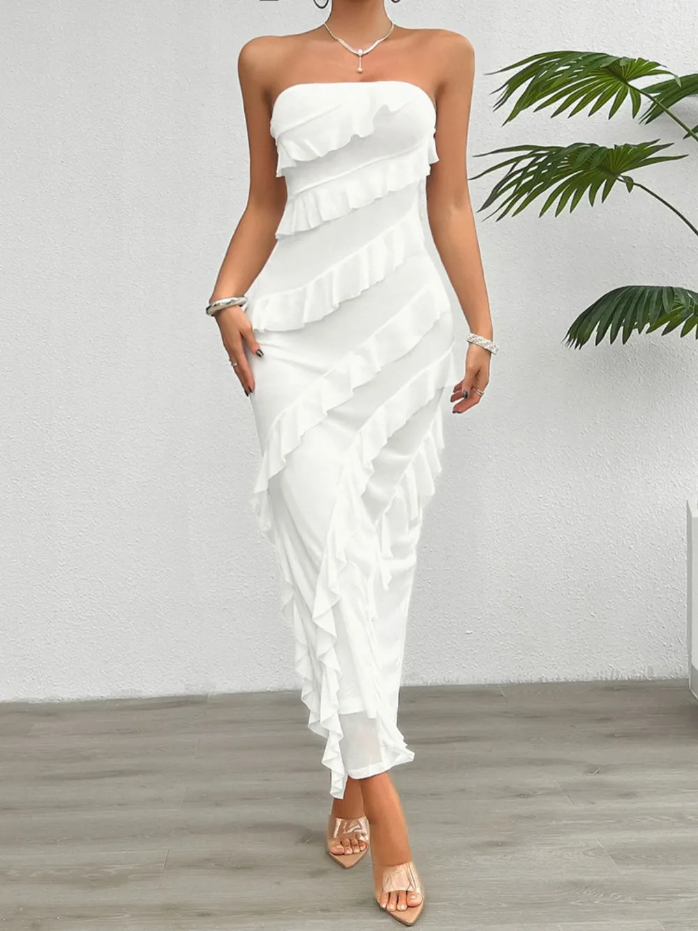 Ruffled Slit Back Tube Maxi Dress