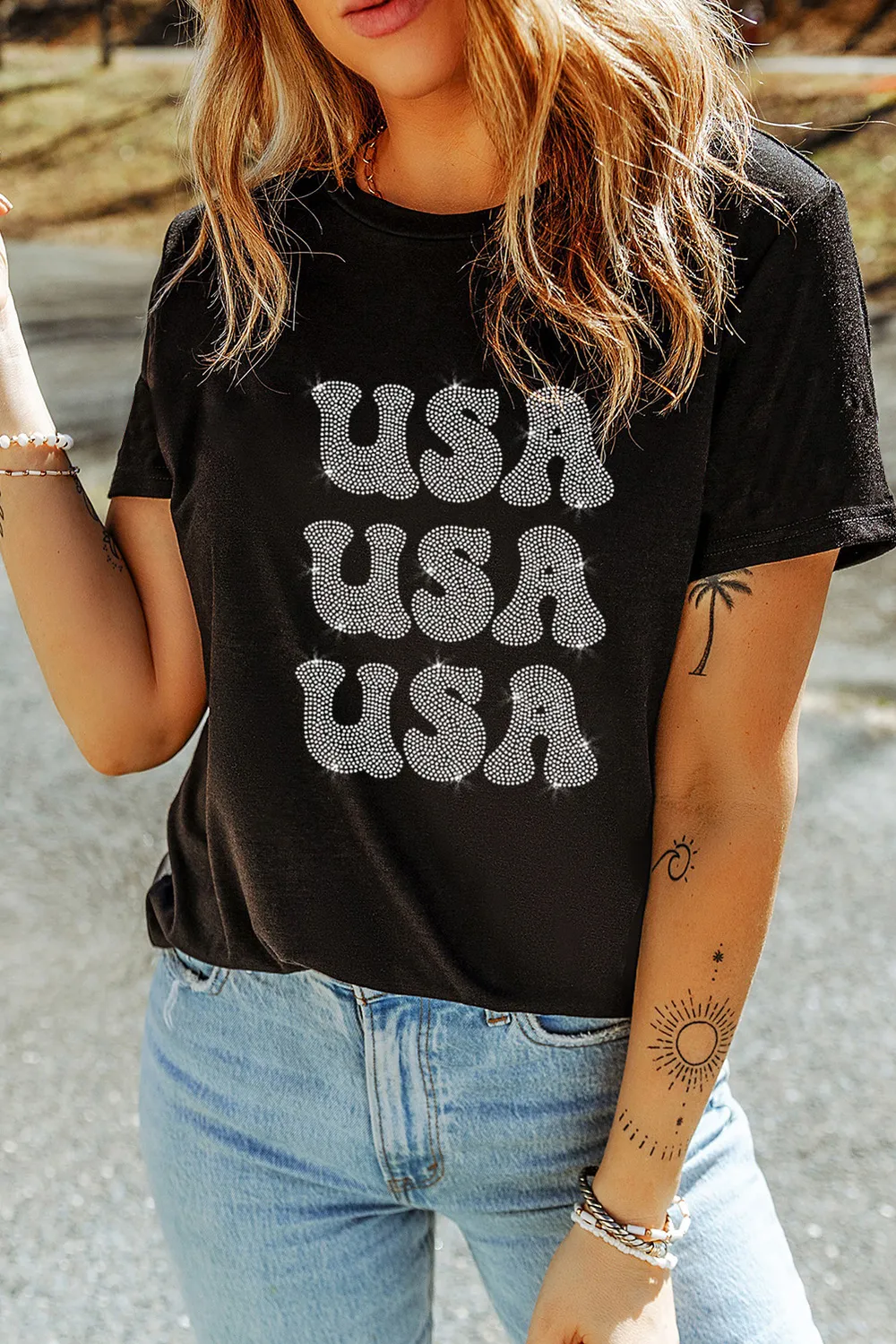 Usa Rhinestone Round Neck Short Sleeve T-Shirt