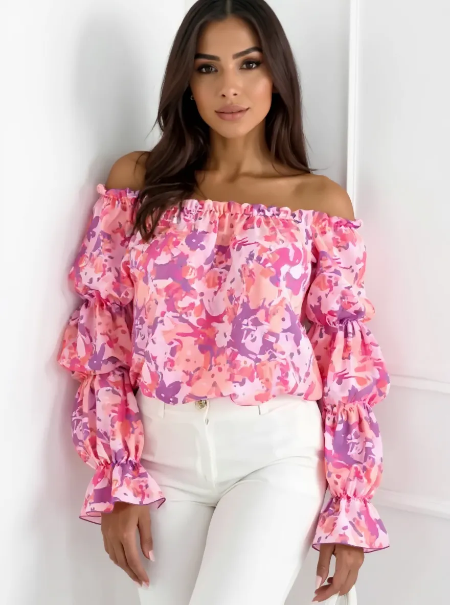 Off-Shoulder Floral Ruffle Blouse with Elastic Neckline
