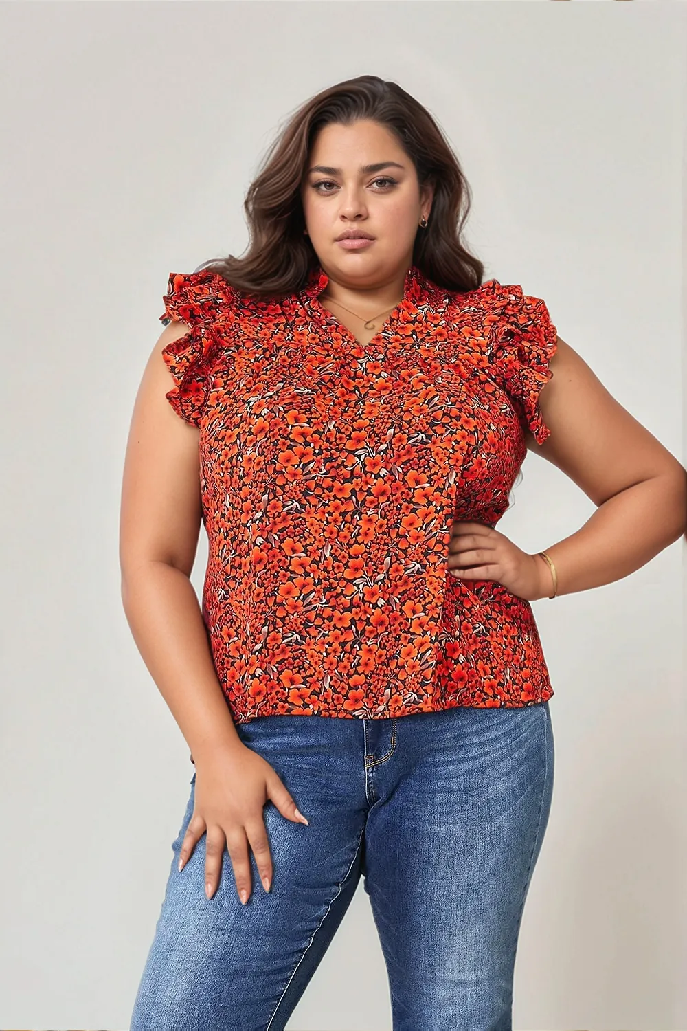 Double Take Floral Flutter Sleeve Notched Neck Blouse
