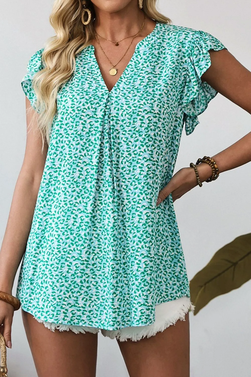 Notched Leopard Ruffle Short Sleeve Blouse