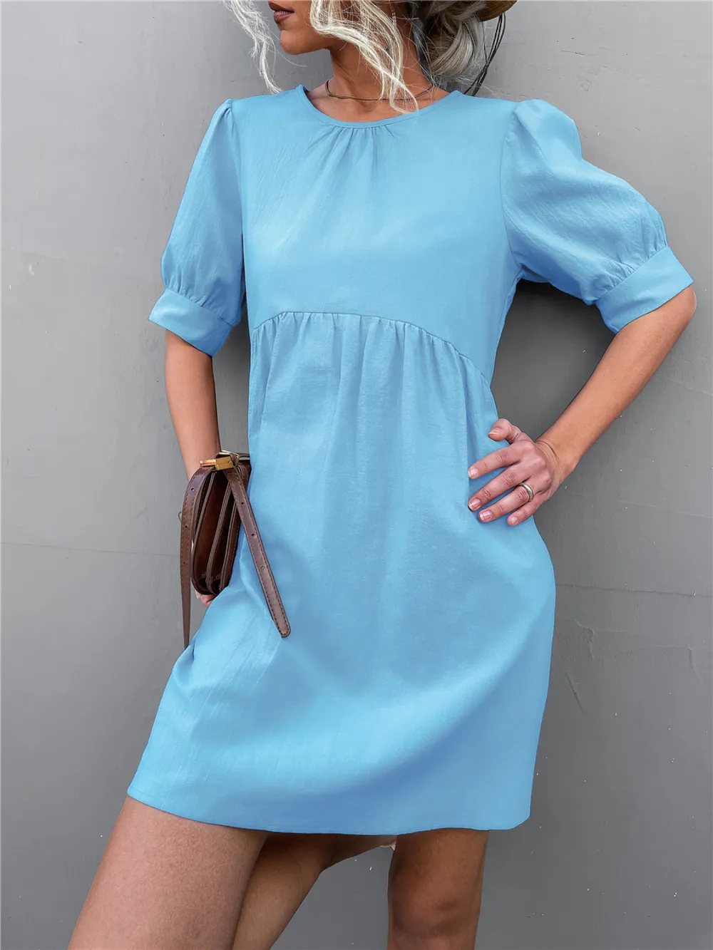 Round Neck Puff Sleeve Mini Dress