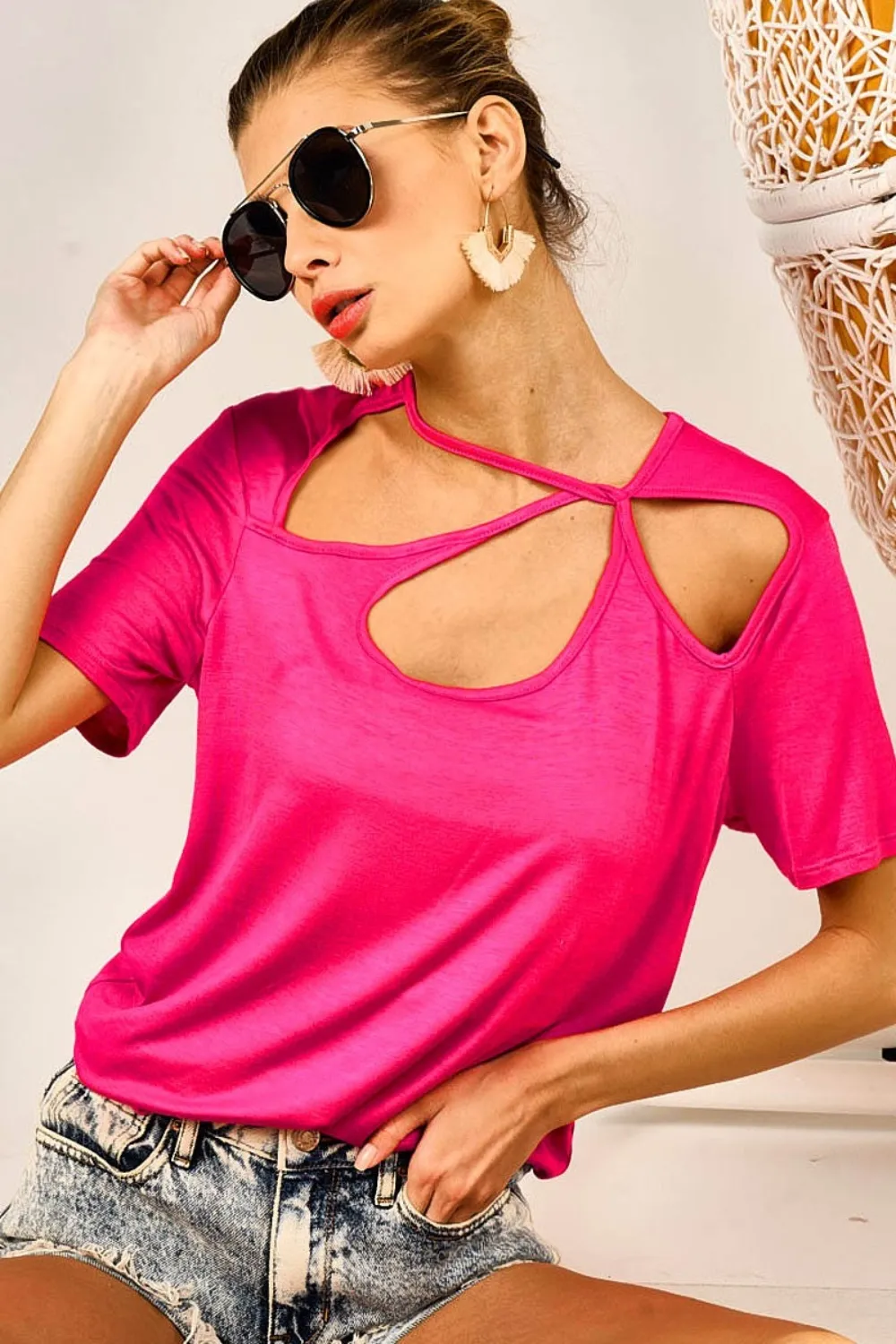 Bibi Cutout Asymmetrical Neck Short Sleeve T-Shirt