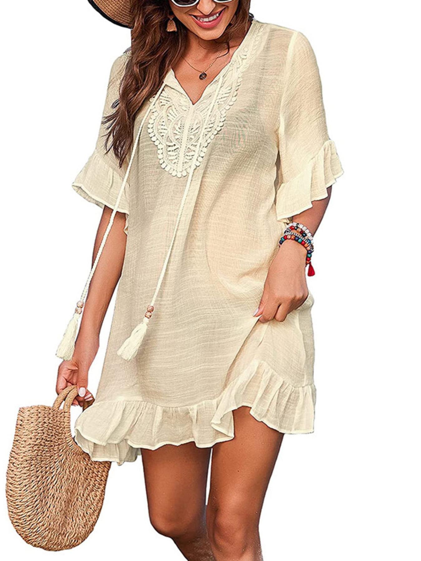 Tassel Short Sleeve Ruffled Mini Dress