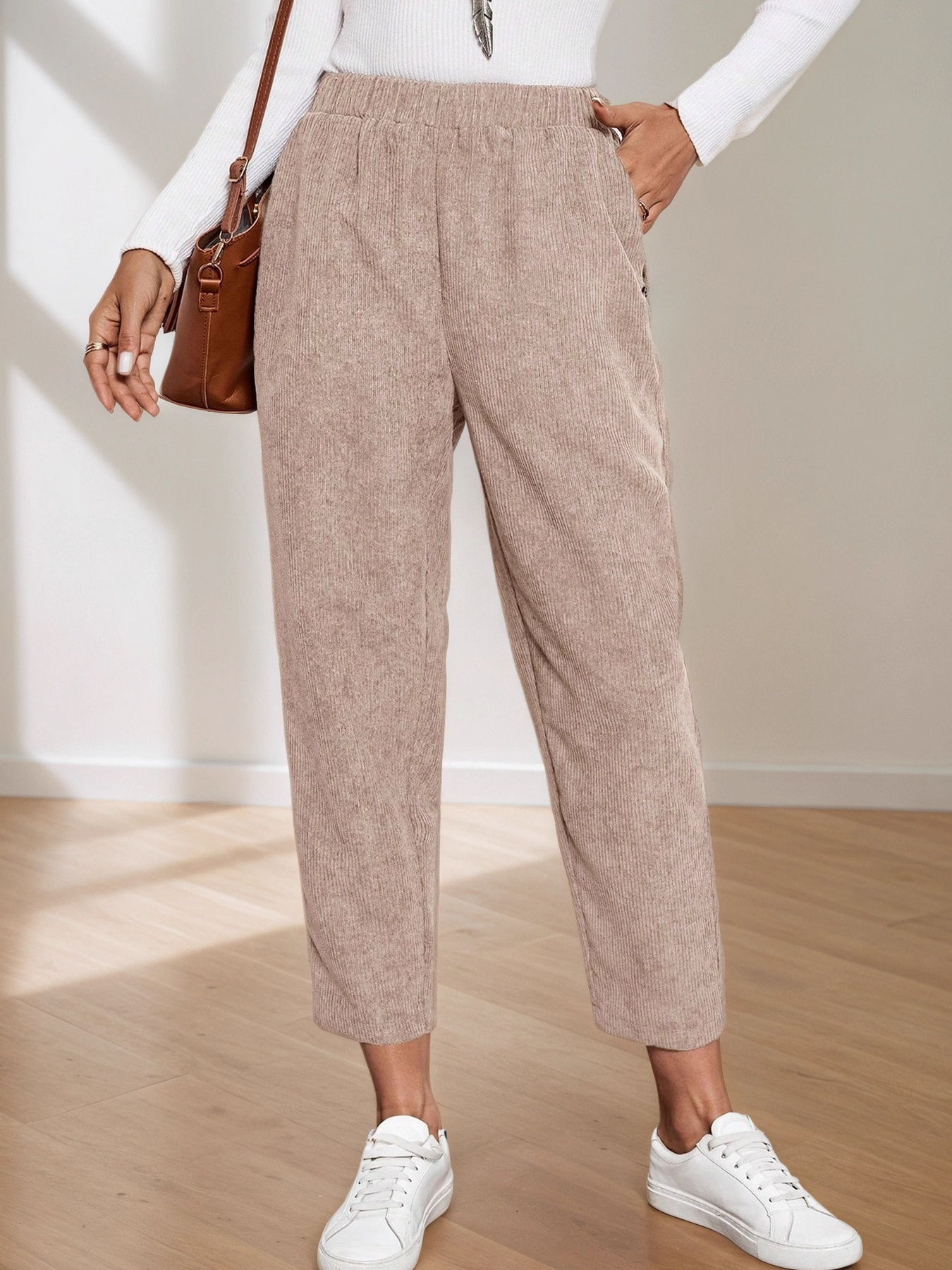 Corduroy Elastic Waist Cropped Pants