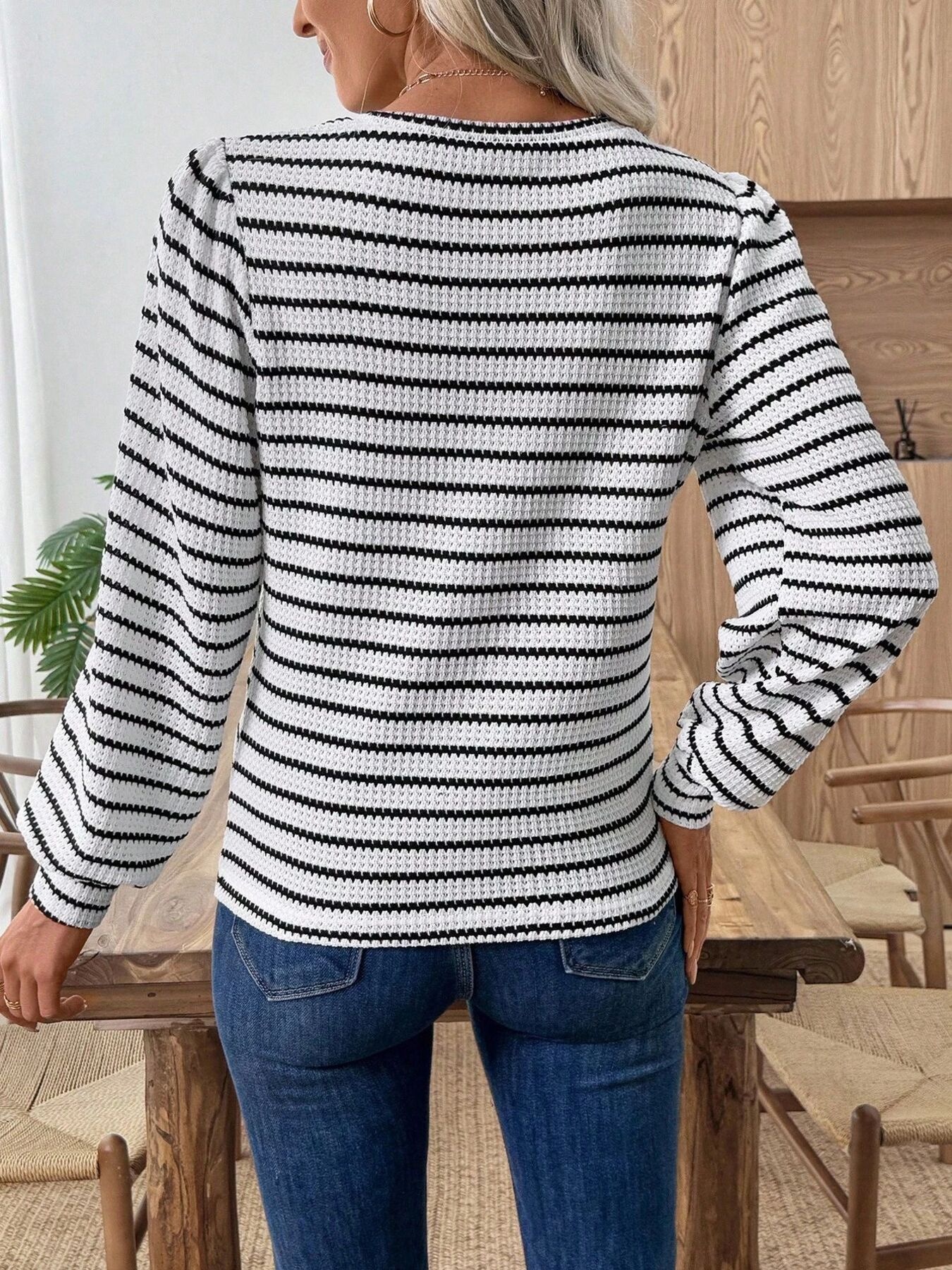 Striped Long Sleeve Texture Knit T-Shirt secondary