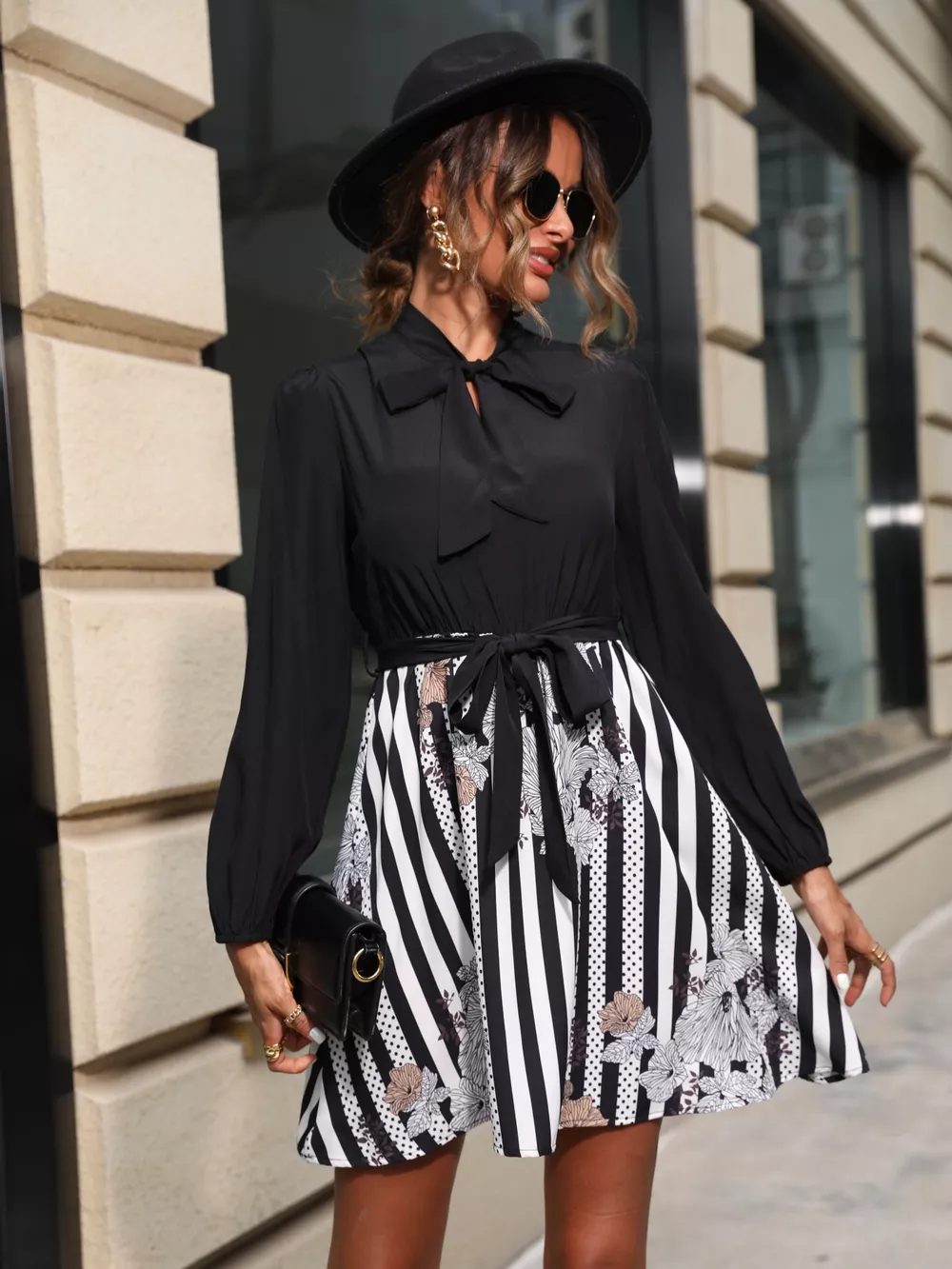 Striped Tie Front Long Sleeve Mini Dress