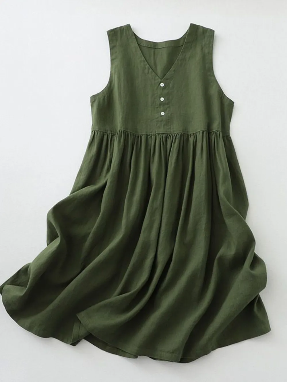 V-Neck Button Detail Sleeveless Midi Dress