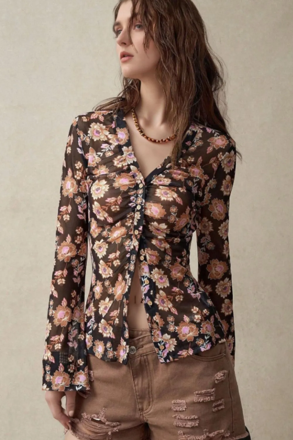 Floral Button-Front Shirt with Bell Sleeves
