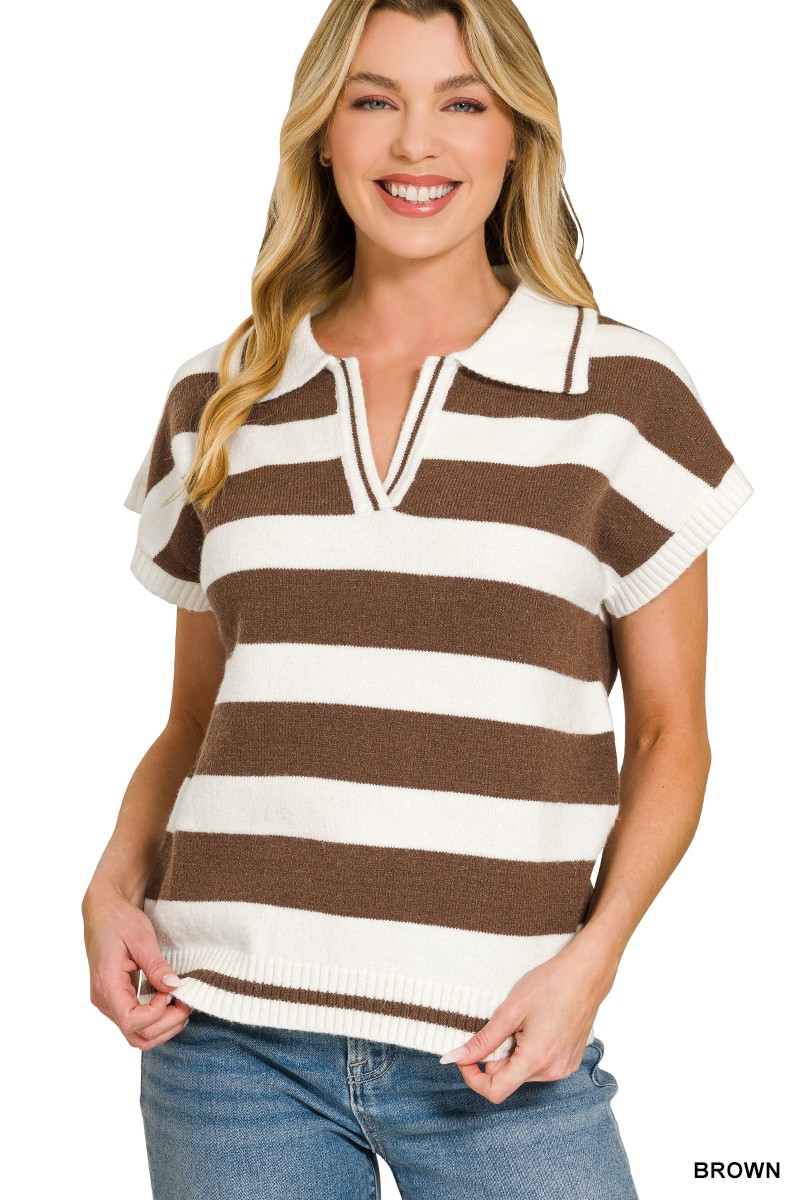 Zenana Striped Collared Short Sleeve Sweater