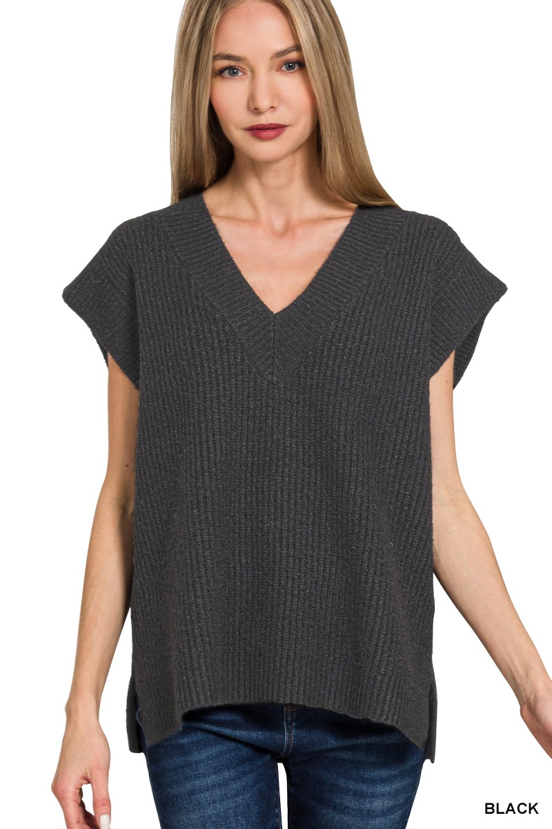 Zenana Ribbed Slit V-Neck Sweater Vest