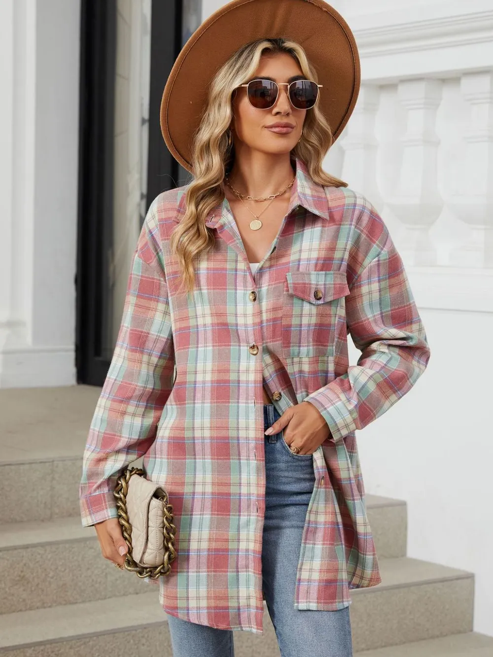 Plaid Collared Neck Long Sleeve Shirt