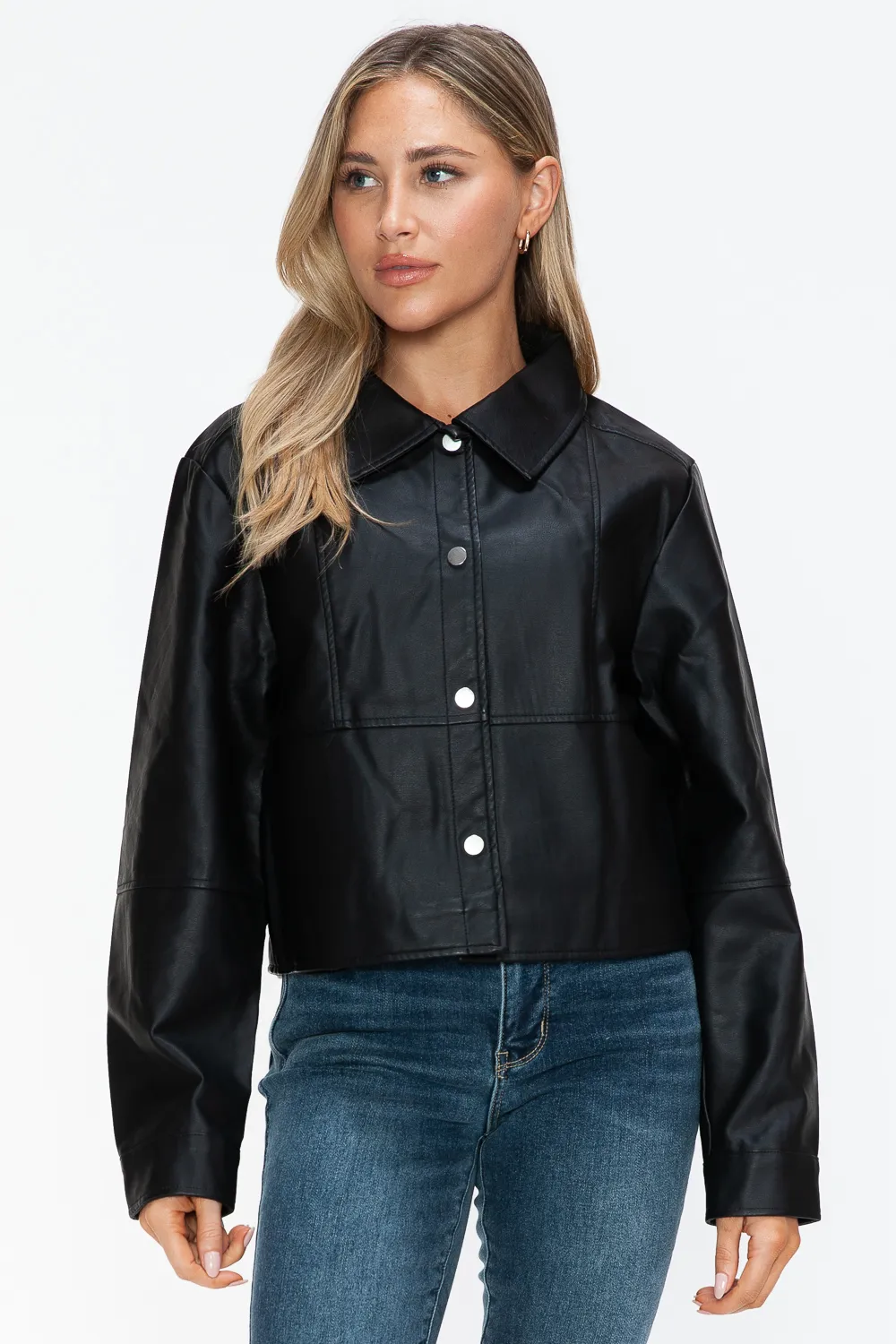 Snobbish Snap Down Long Sleeve Pu Leather Jacket