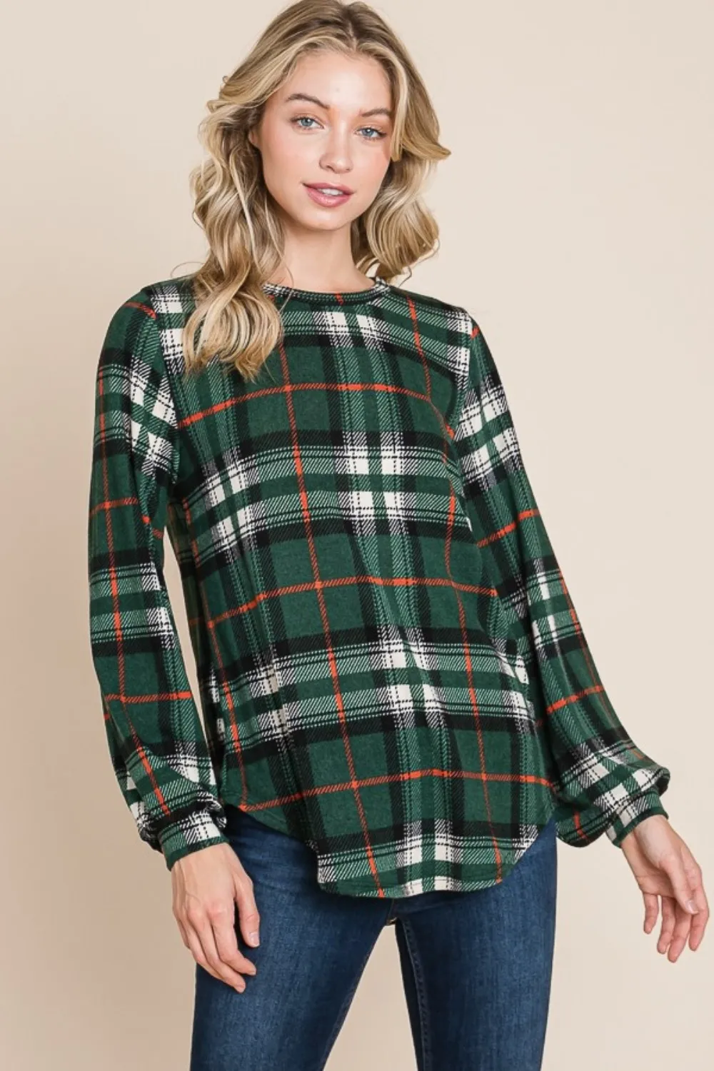 Bombom Curved Hem Plaid Round Neck Long Sleeve Top