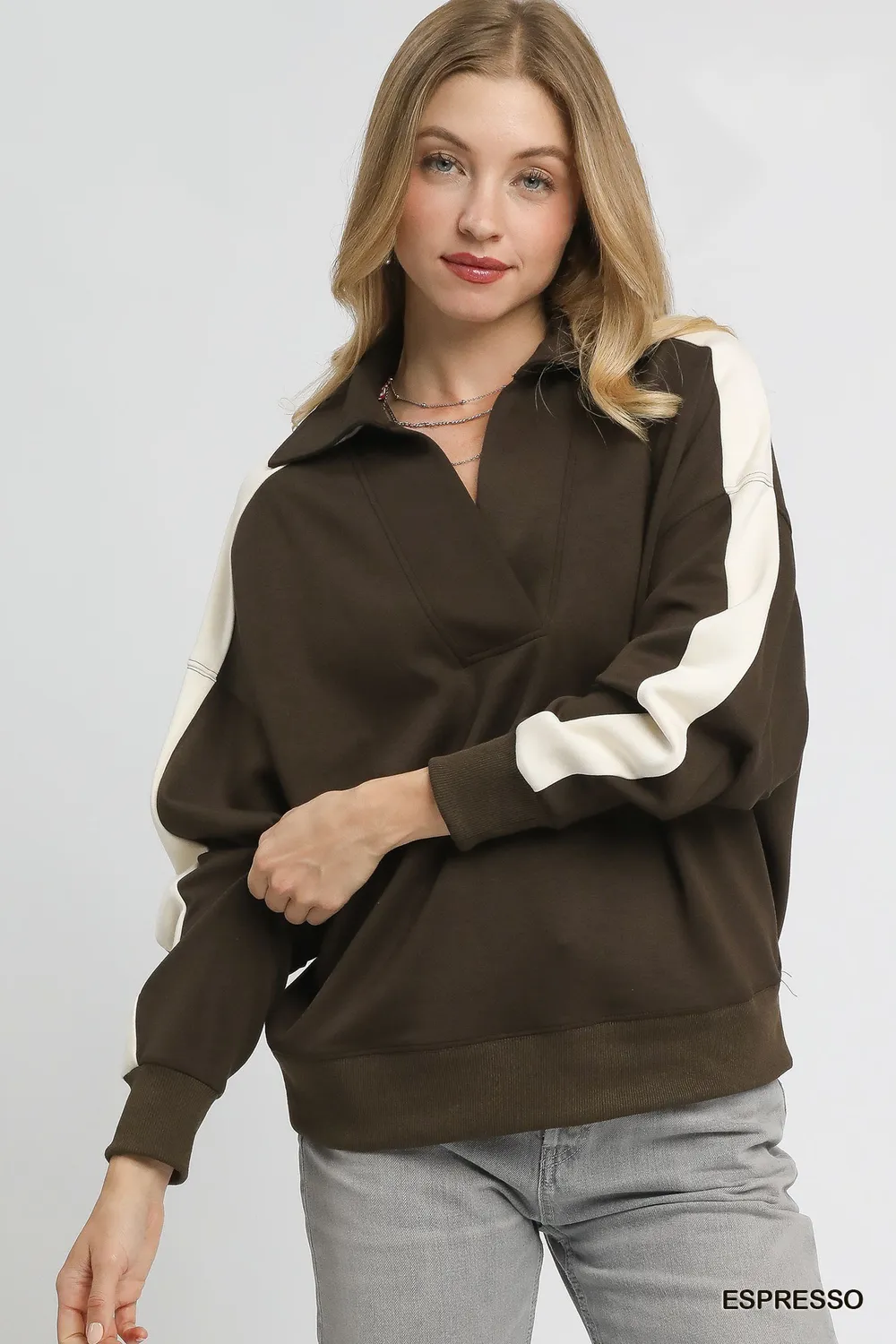 Umgee Color Block Polo Sweatshirt