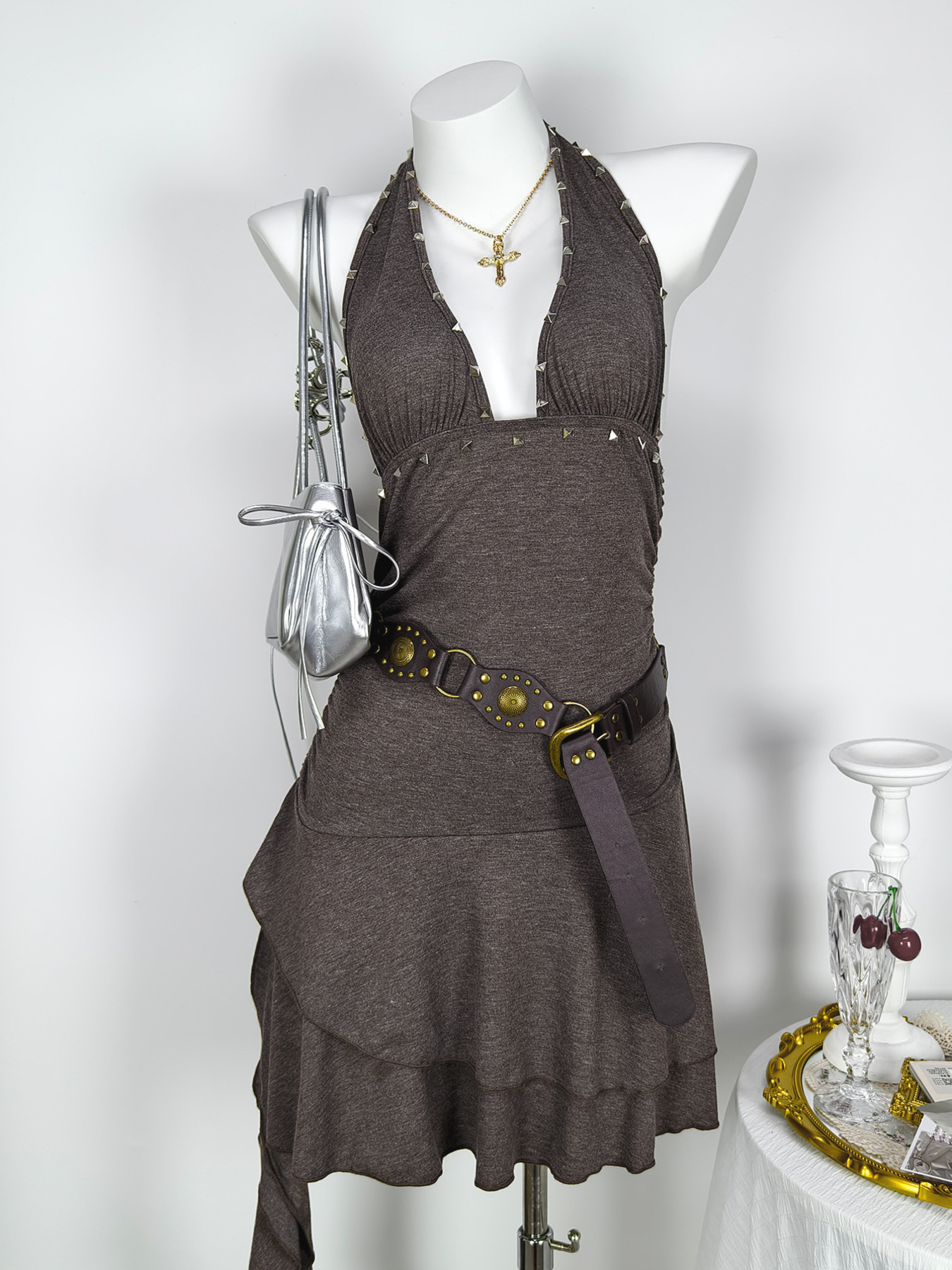 Studded Halter Neck Ruffle Hem Mini Dress