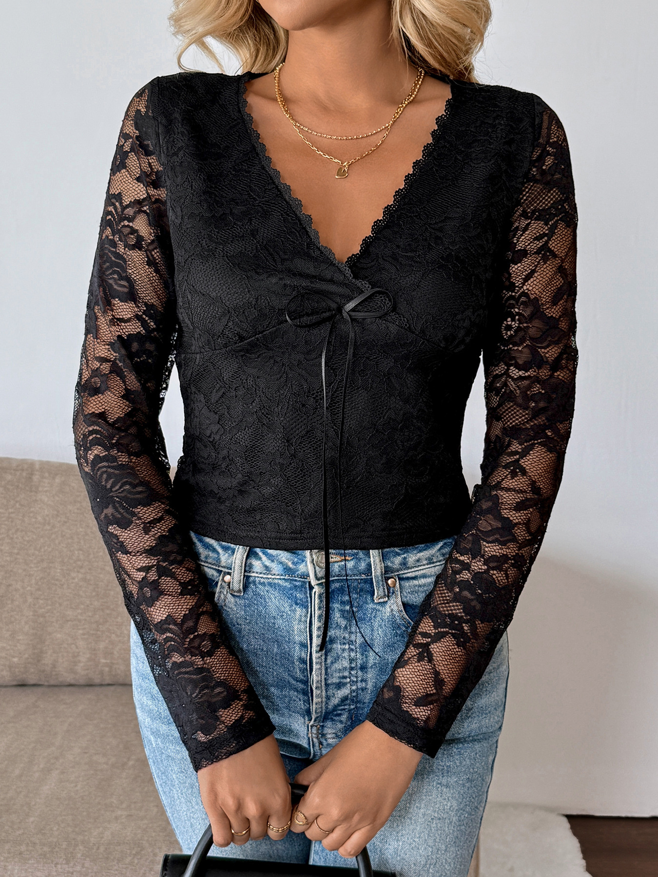 Long Sleeve Floral Lace Mesh Cropped Top