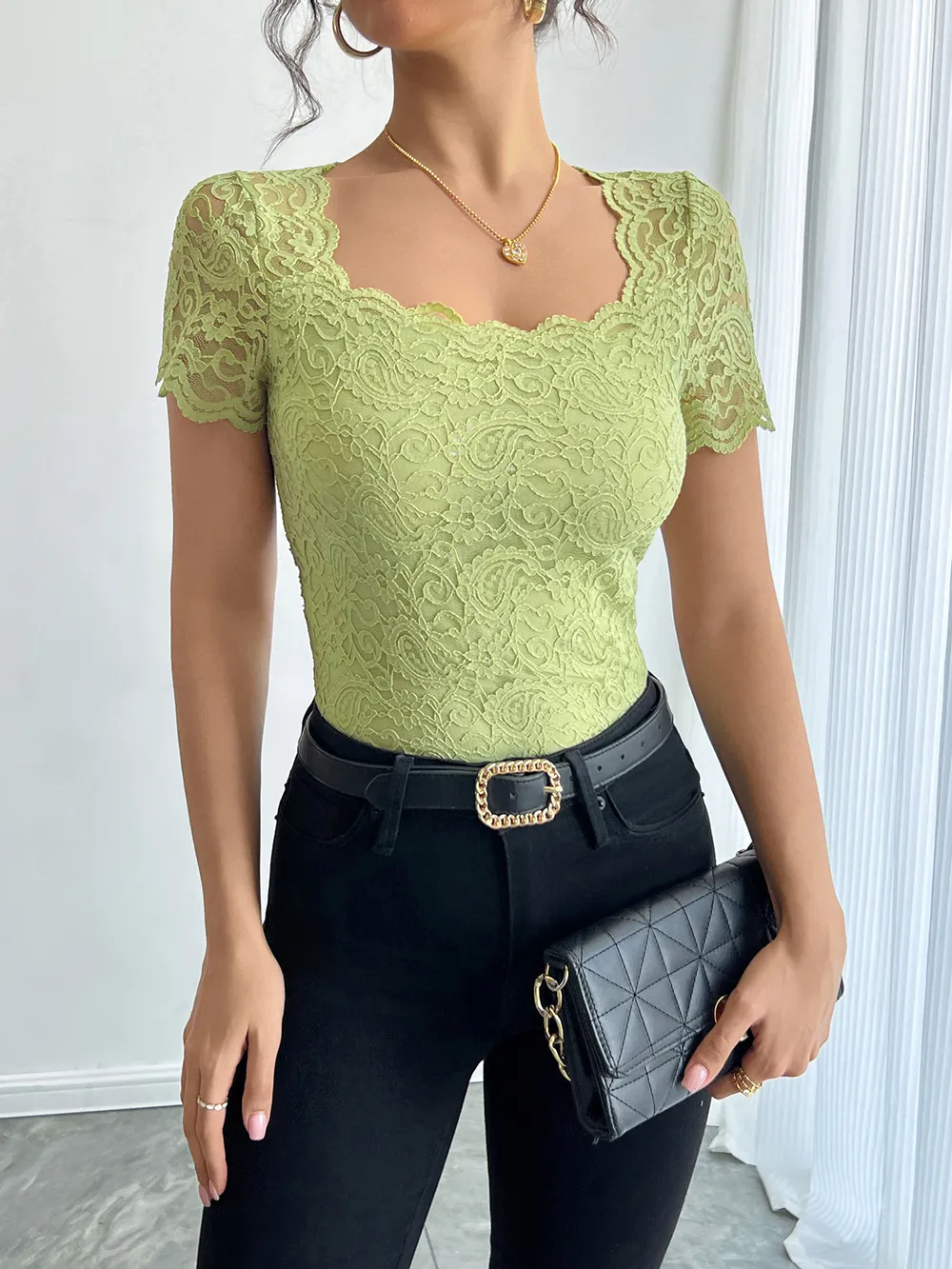 Floral Lace Square Neck T-Shirt
