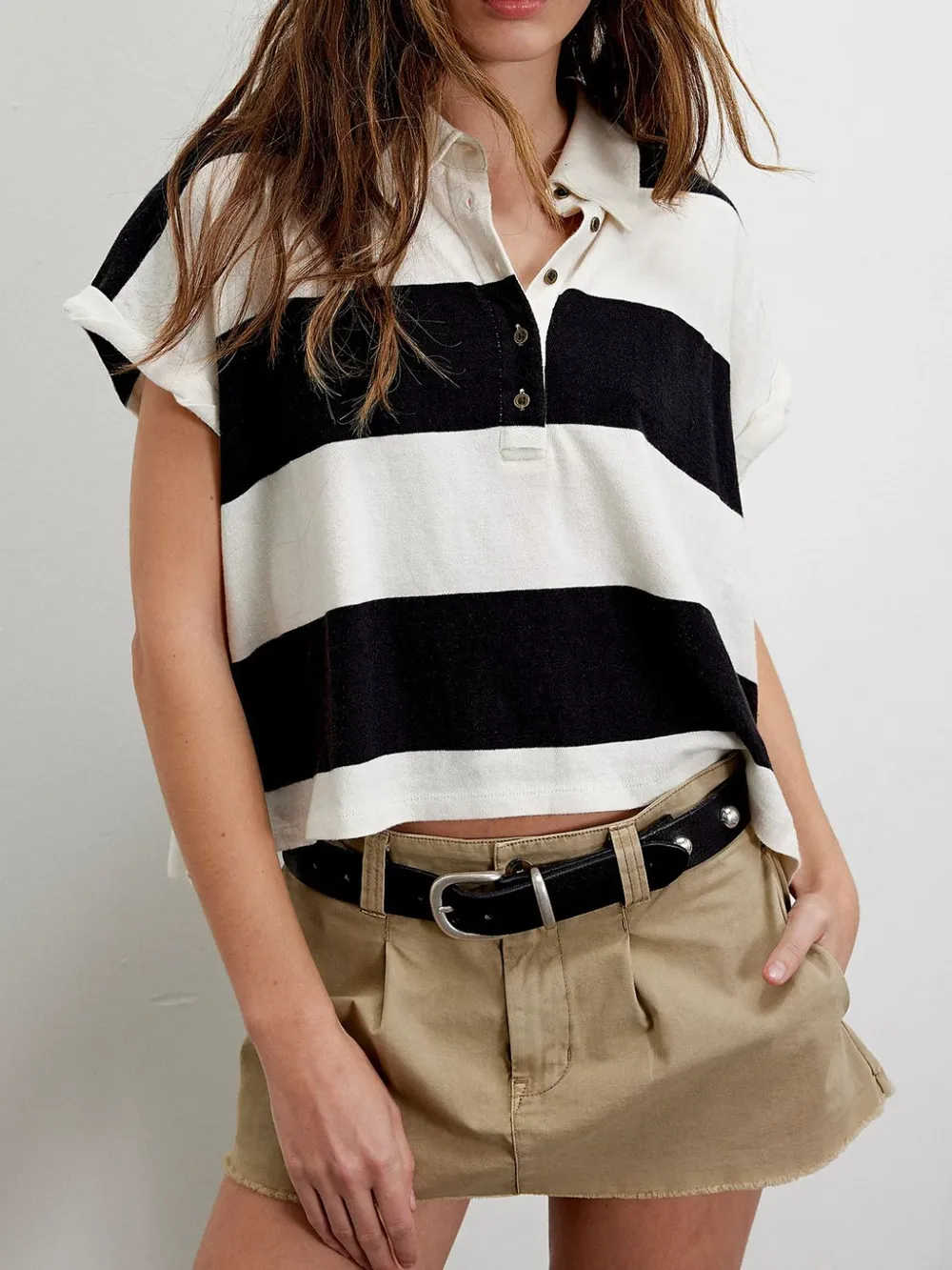 Striped Collared Neck Short Sleeve Top